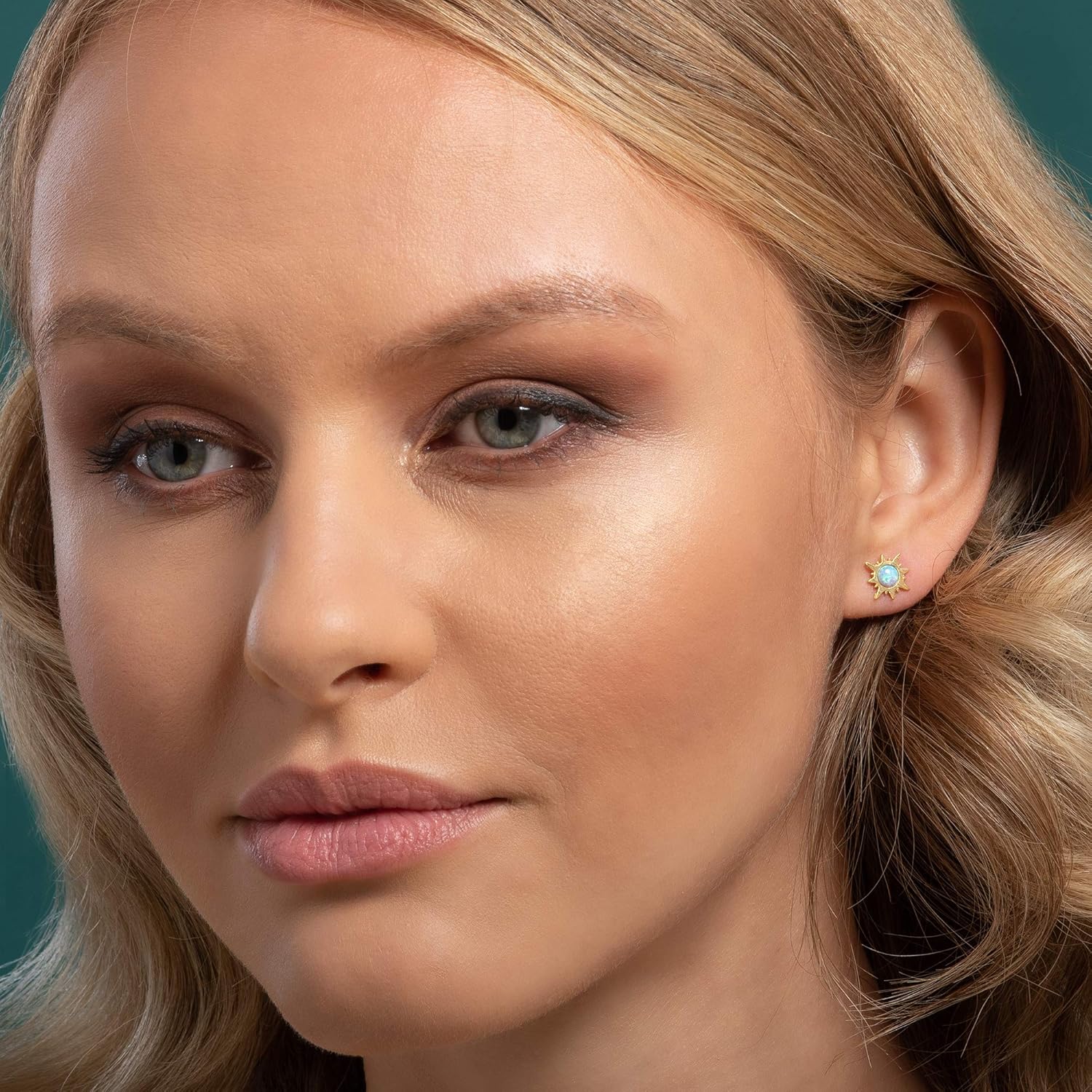 Namana Sunburst Opal Stud Earrings for Women, Dainty Brushed Finish Gold Plated Sun Jewelry with Created Opals, Dainty Gold Stud Earrings for Women with Blue Opals