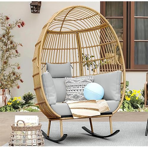 YITAHOME Outdoor Rocking Egg Chair, Wicker Rocking Basket Chair with 370lbs Capacity, All-Weather Oversized Egg Lounger Chair for Patio Indoor Living Room Outside Balcony Backyard (Grey)
