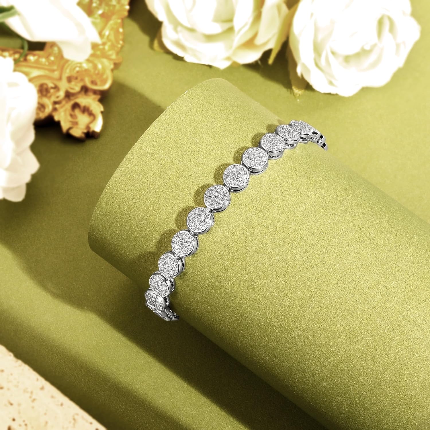 MDFUN 18K White Gold Plated Round-Cut Full CZ Link Bracelet Classic Hypoallergenic Cubic Zirconia Tennis Bracelet for Women - Image 5