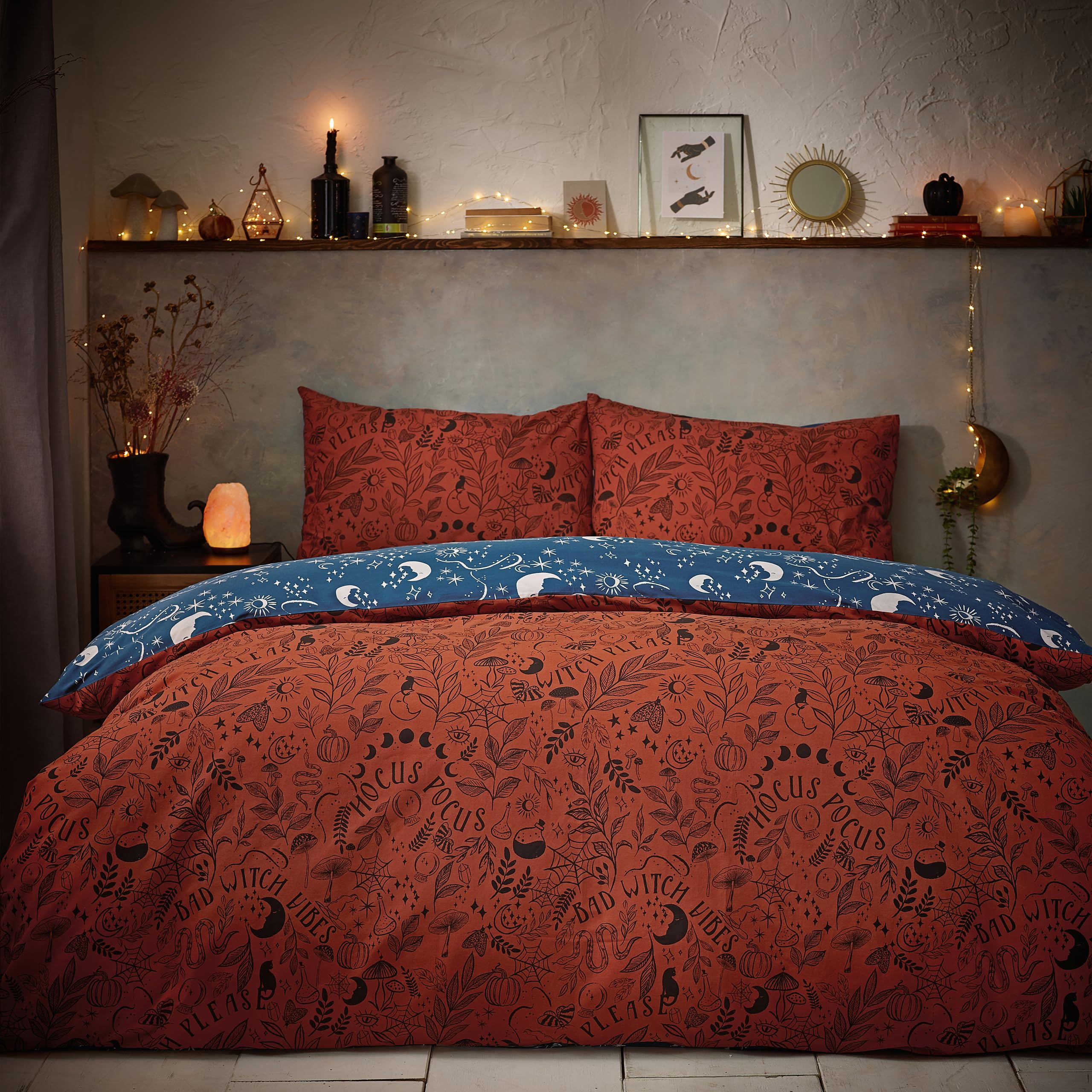 Furn Witchy Vibes Duvet Cover Set - Reversible Halloween Design Soft Cotton Blend with Celestial Reverse (Orange - King) - Image 4