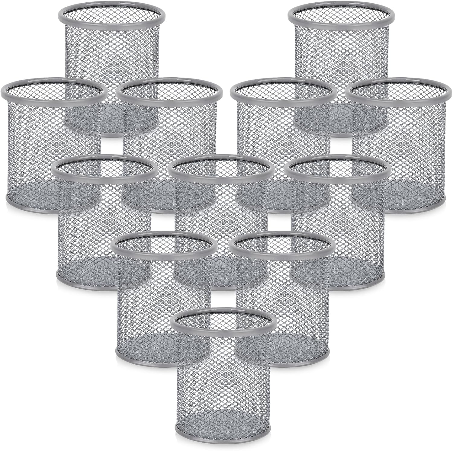 Segarty Pen Cup Holder for Desk, 12 Pack Round Silver Pen Holder, Wire Mesh Pencil Cups Containers Marker Organizer Set for Office Supplies, School, Desktop Accessories, Makeup Brush