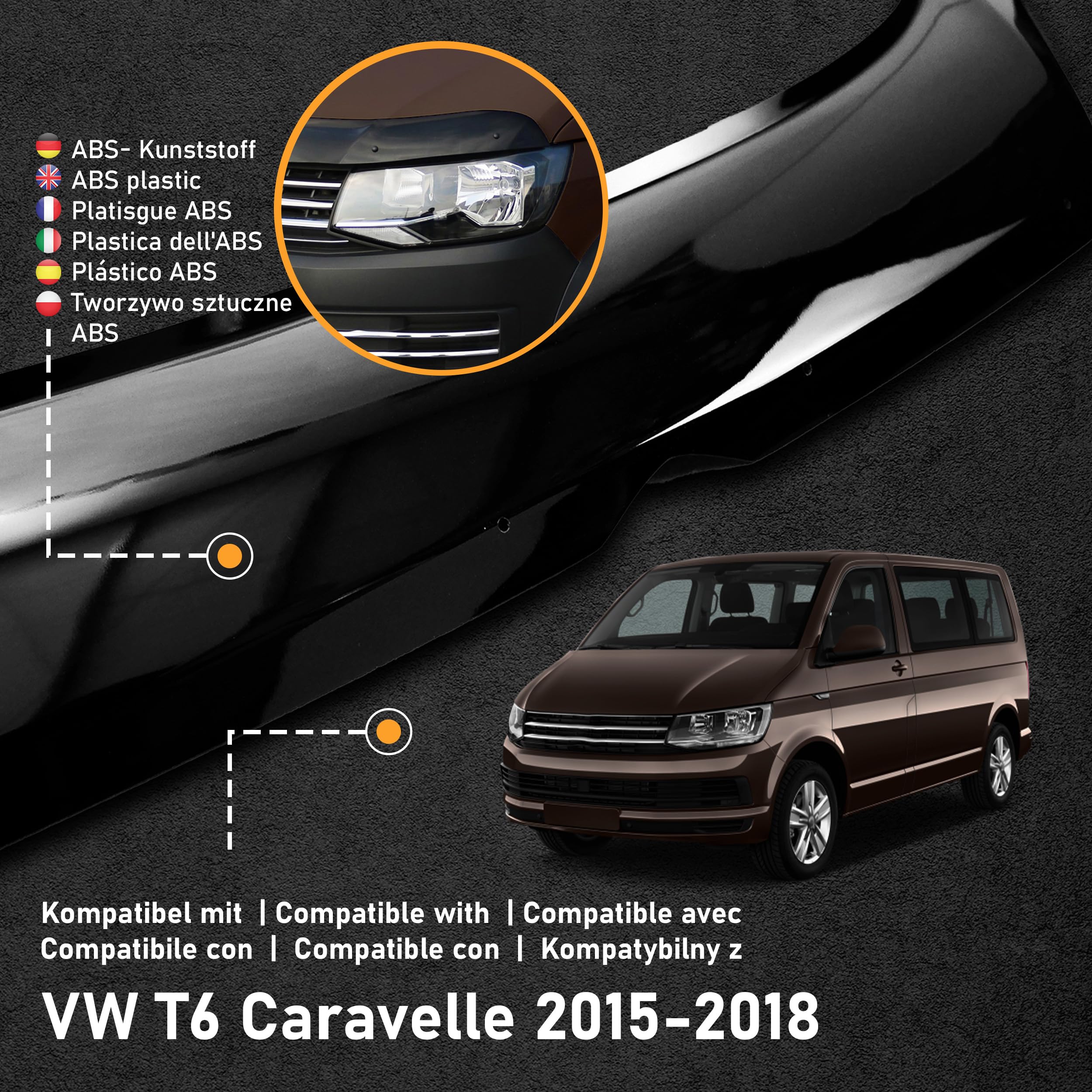 CHROMEMASTER | Akcesoria Samochodowe; Ochrona Przed Kamieniami; Osłona Maski Auta | Kompatybilna z VW T6 Caravelle 2015-2018 | Czarne Tworzywo ABS | Deflektor Chroni Maskę Przed Uszkodzeniem