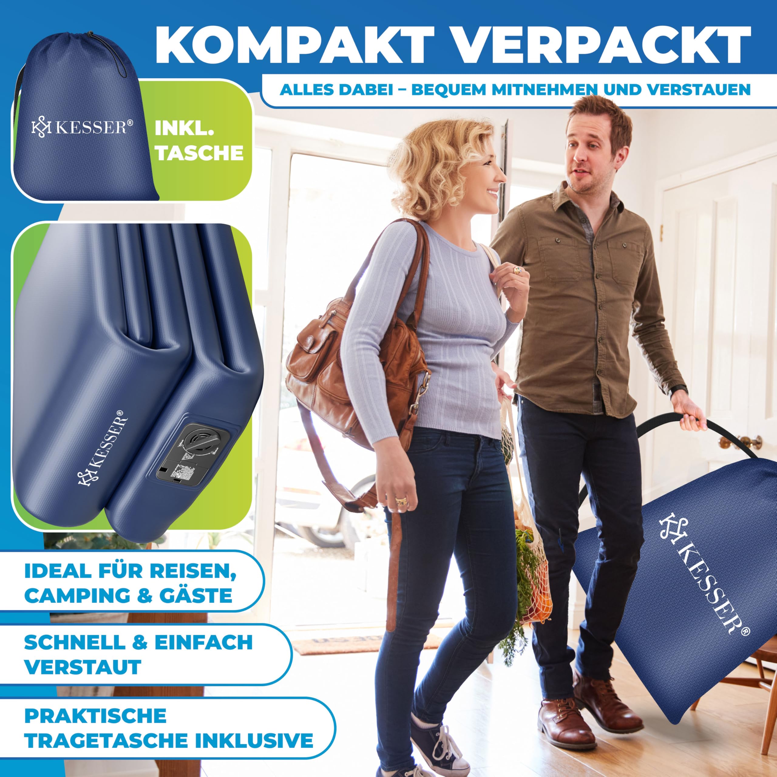 KESSER® Colchón hinchable con bomba eléctrica integrada, colchón de aire para camping o uso doméstico con bolsa, adecuado para 2 personas, 203 x 152,5 x 51 cm