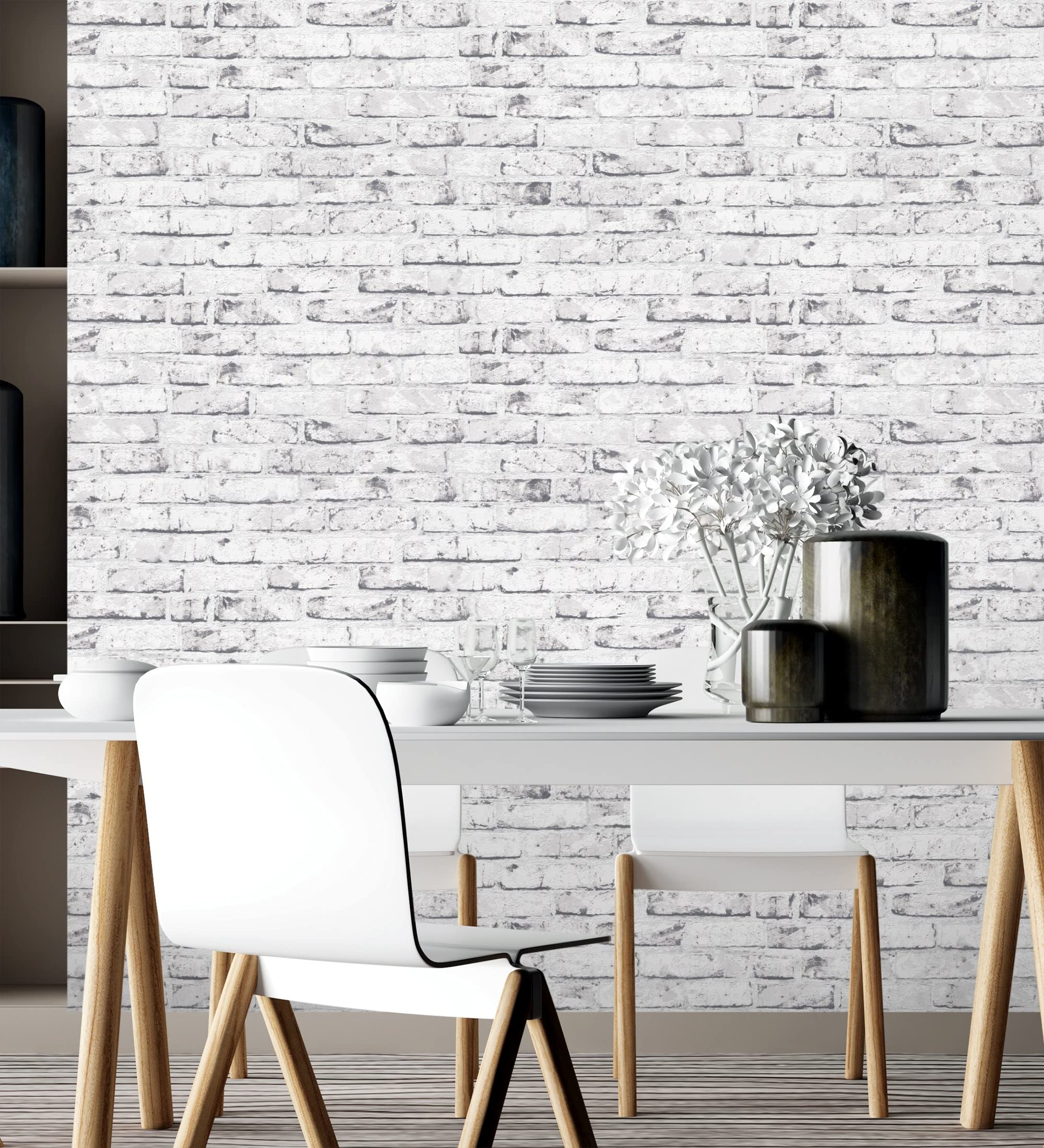 GAULAN 453171 - Papel pintado vinílico lavable efecto ladrillo vintage blanco y gris relieve 3D para pared salón cocina baño comedor - Rollo de 10 m x 0,53 m