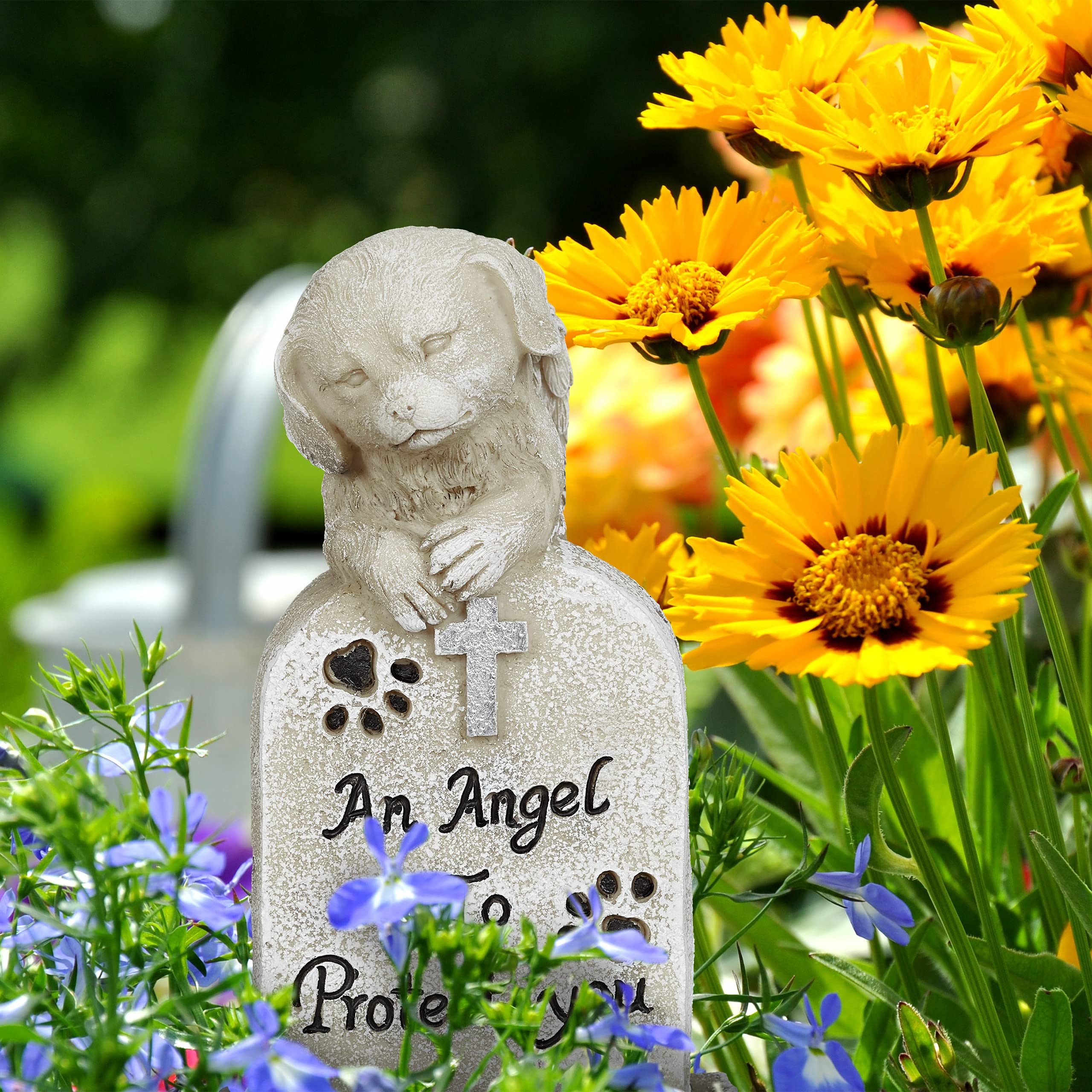 Relaxdays Lapide per Cani, An Angel to Protect You, Cagnolino con Ali, Zampette, HxLxP 20x10,5x10 cm, Poliresina, Crema