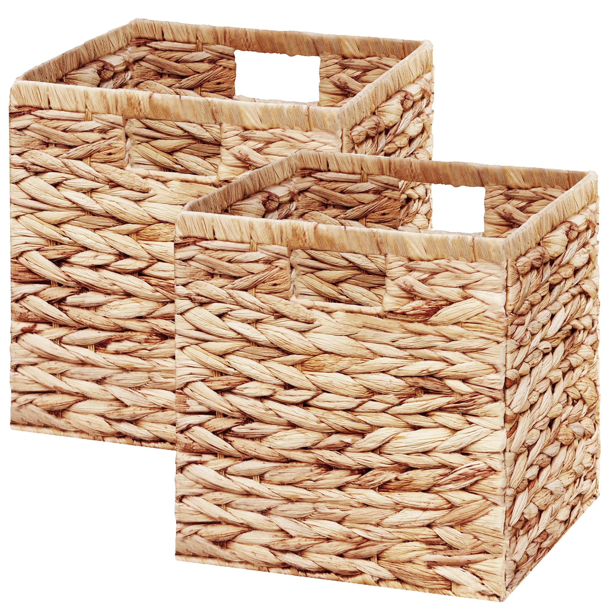 Vagusicc Wicker Storage Basket, Foldable Storage Cubes Organizer Bins, Handwoven Water Hyacinth Storage Baskets for Shelves Closet Wardrobe Bathroom, Set of 2 Cube Storage Boxes, 28 x 28 x 28 cm