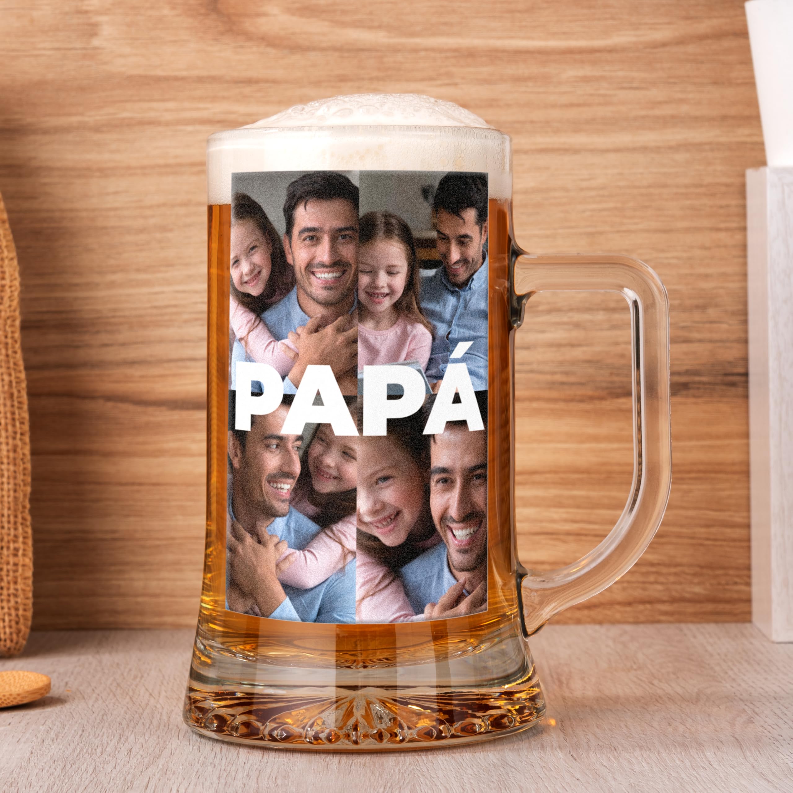 Jarra de Cerveza Personalizada con 4 Fotos y Texto – Jarra de Cristal Personalizada para Mamá, Papá o Pareja – Regalo Original para Cumpleaños, Día del Padre y Día de la Madre