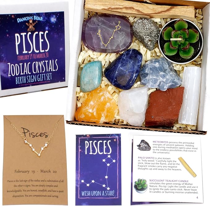 DANCING BEAR Pisces Zodiac Healing Crystals Gift Set, (14 Pc) Made in The USA