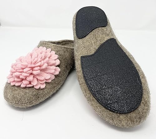 Miniatura 5 de Handmade Women's 100% wool slippers with pink flower and arch support insole