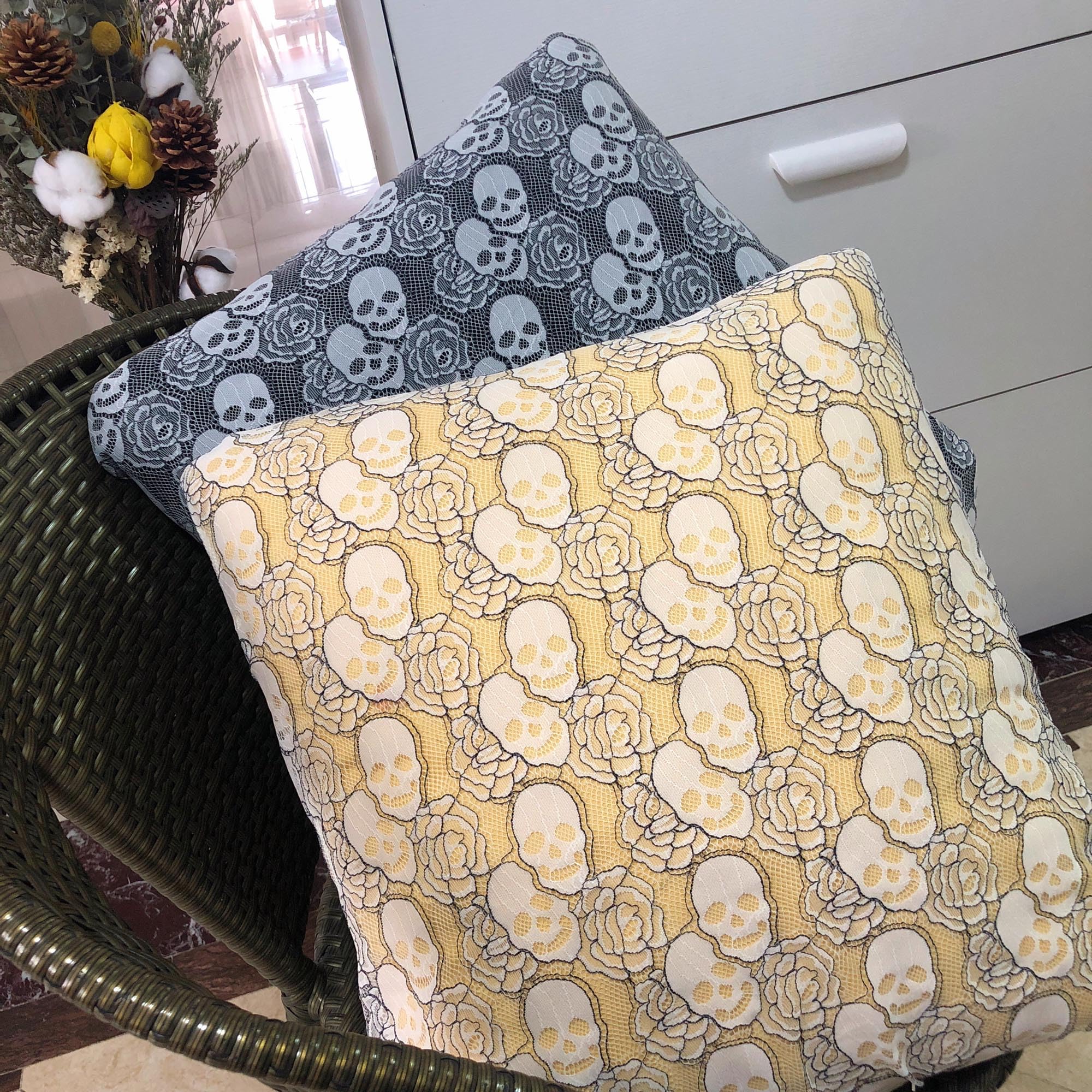 60 * 144 inches Lace Fabric, 4 Yard Black Skull Pettern Lace Fabric, 4 yd Non-Stretchy Lace, Soft Rose Design Lace Material for Halloween Home Decoration, Sewing Fabric Design (60x144 inch Black)