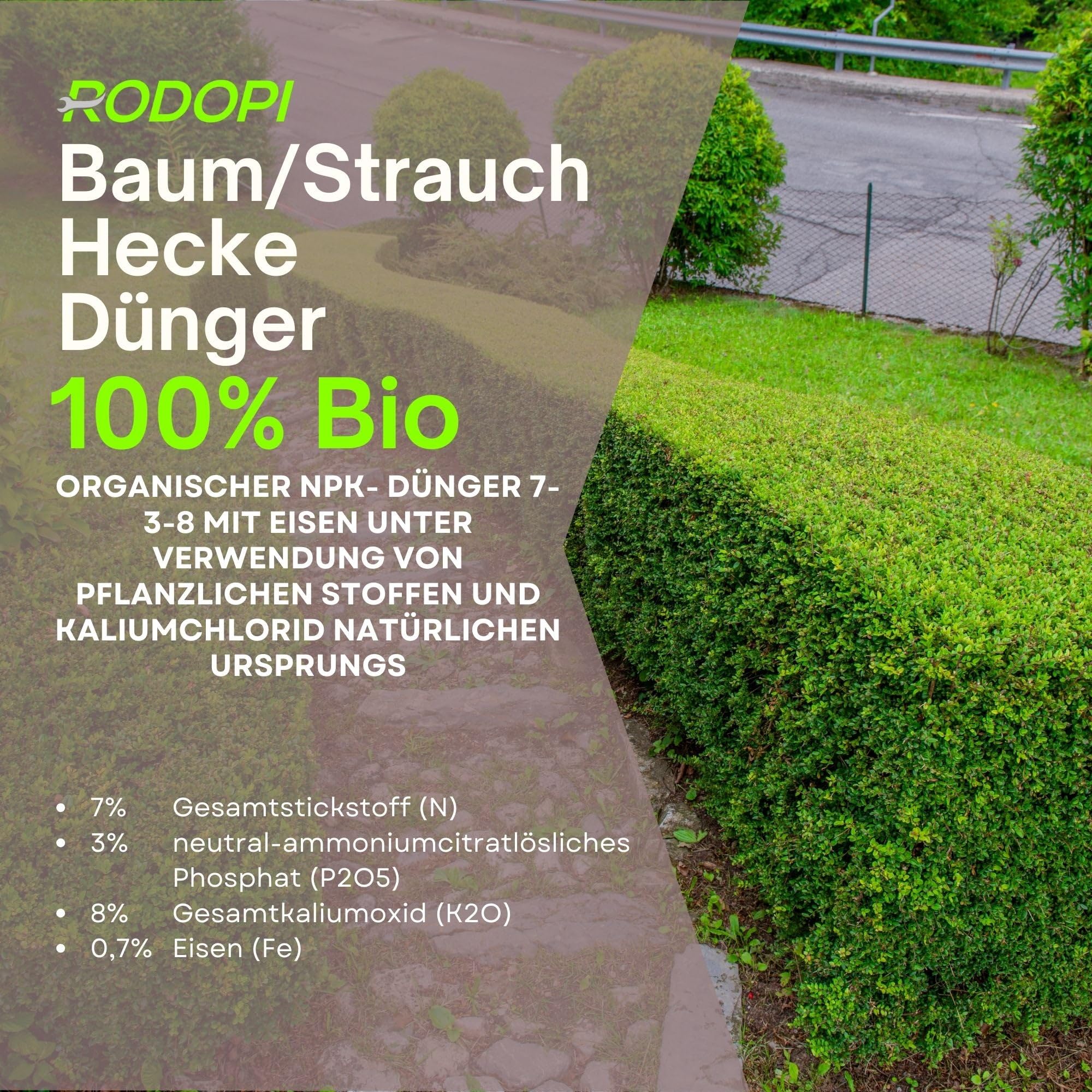 Rodopi Bio-Baum Strauch Hecken Dünger Granulat – 3 Monate Langzeitwirkung – 100% pflanzlich & vegan – Organischer NPK-Dünger 7-3-8 mit Eisen 7kg