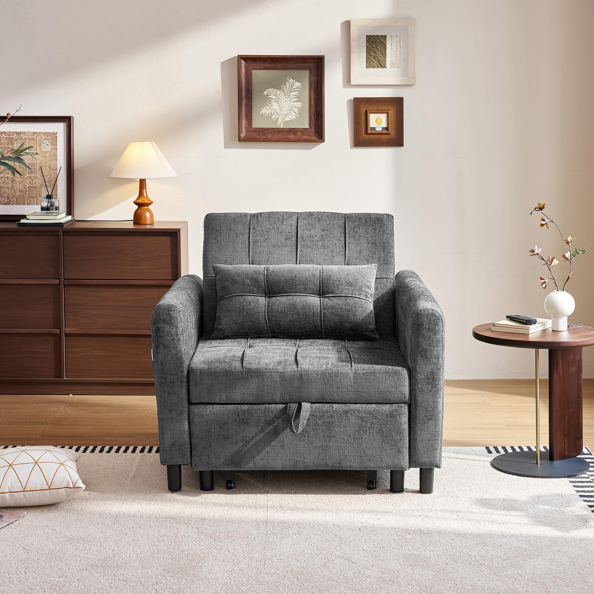 LINSY HOME 3-in-1 Schlaferstuhl, 1-Sitzer Sofa mit Schlaffunktion, Chenille Sessel Kleine mit Kissen und Seitentasche für Kleine Wohnung - Schlafbereich 74 x 190cm (Grau)