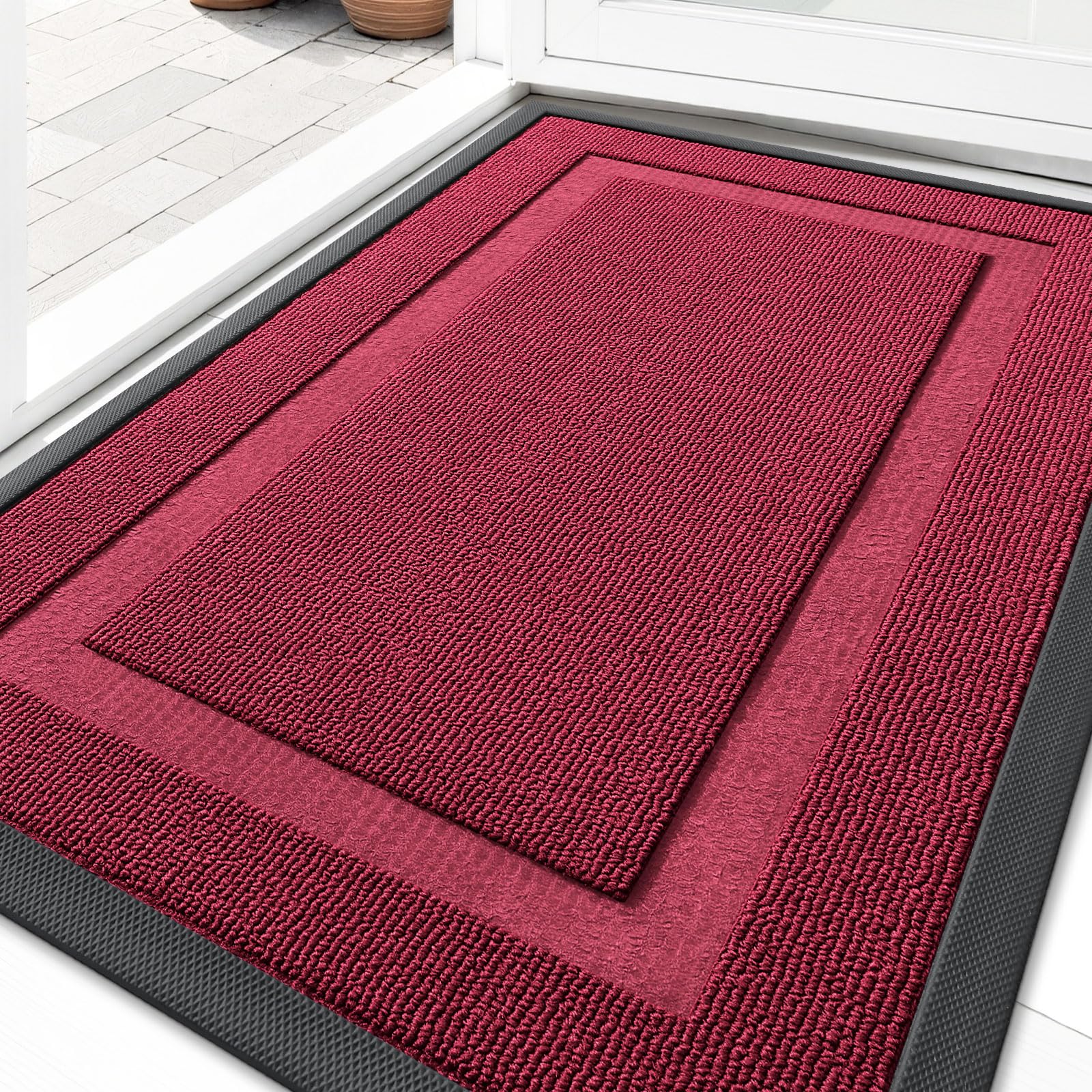 OLANLY Front Door Mat Outside 33x21, All-Season Heavy-Duty Rubber Doormat | Burgundy, Absorbent, Stain and Fade Resistant, Waterproof Non-Slip Backing, Low-Profile Indoor Outdoor Floor Mat for Entryway