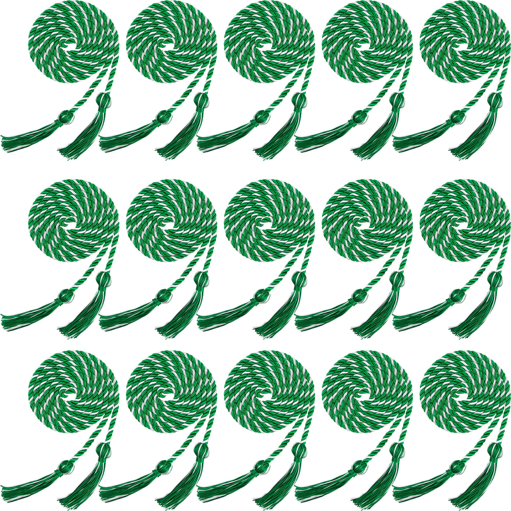 Cordon tressé vert et blanc avec pompons pour remise de diplôme lot de 15 pièces
