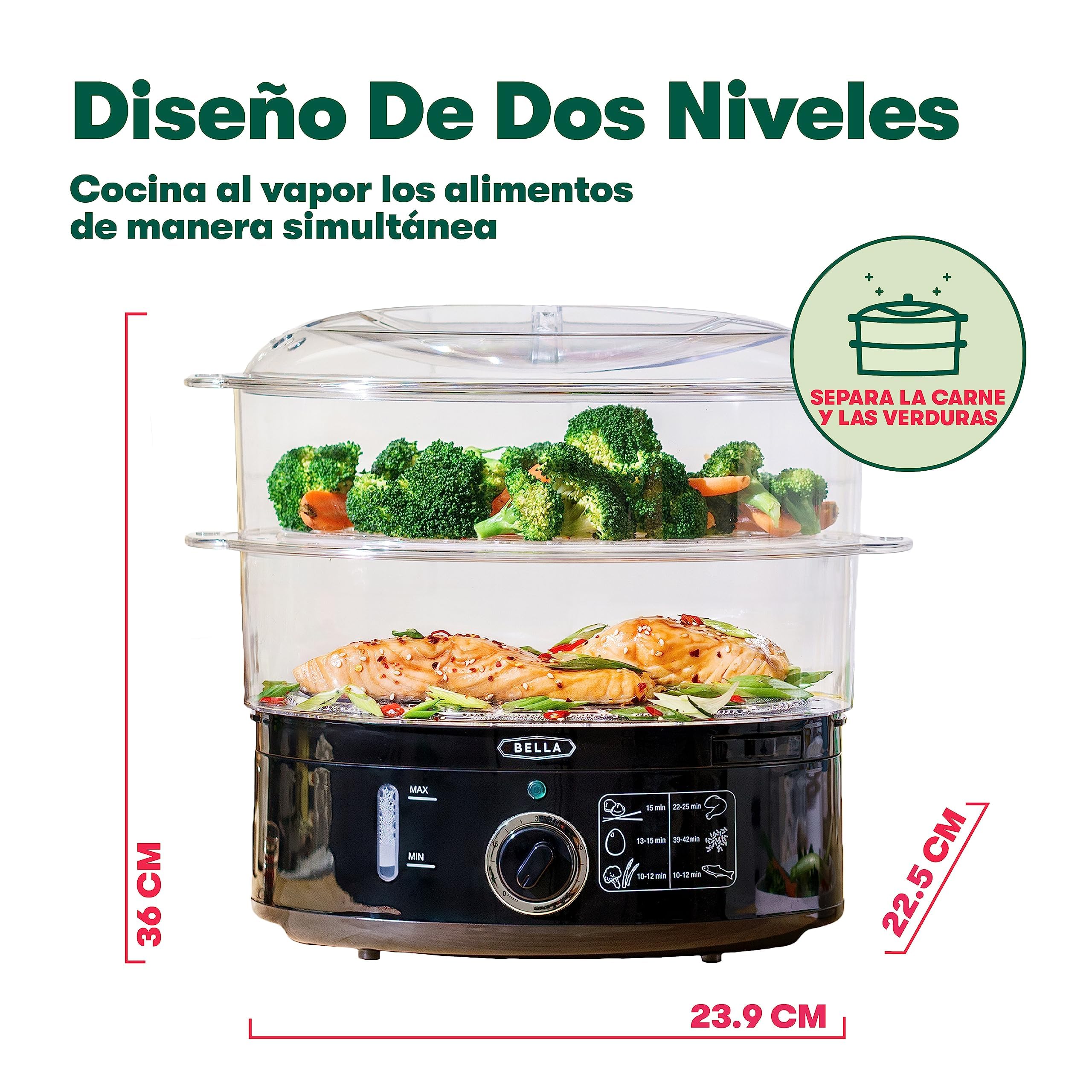 bella Vaporera de dos niveles con cestas apilables y base extraíble para una cocción rápida y simultánea. Apagado automático y protección contra ebullición en seco, 7 l, color negro.