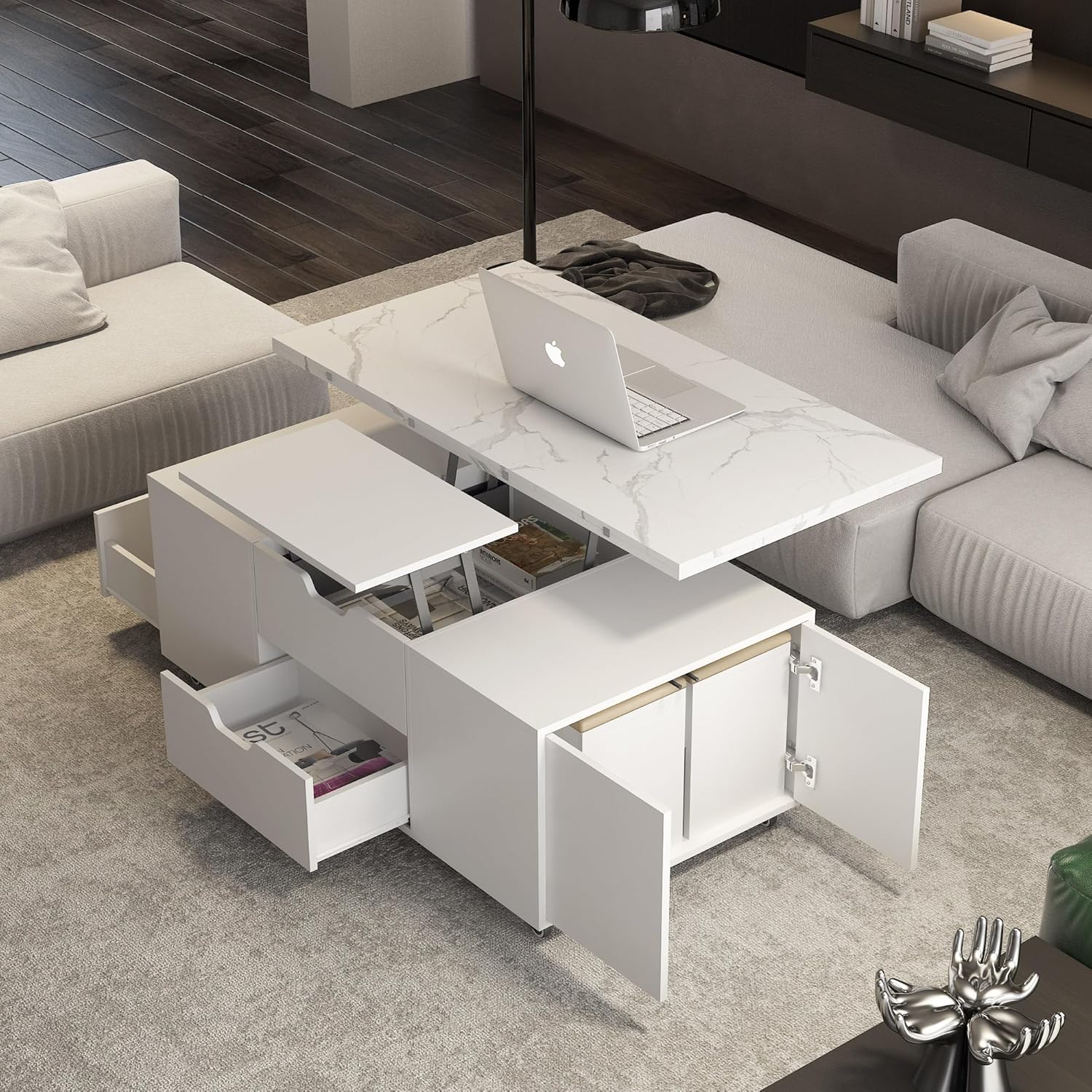 KEIKI Expandable Desktop Lift Top Nesting Coffee Table with 4 Storage Stools, 1 Hidden Storage Space & 2 Drawers, Wood Modern Rectangular Center Table for Living Room Furniture, White