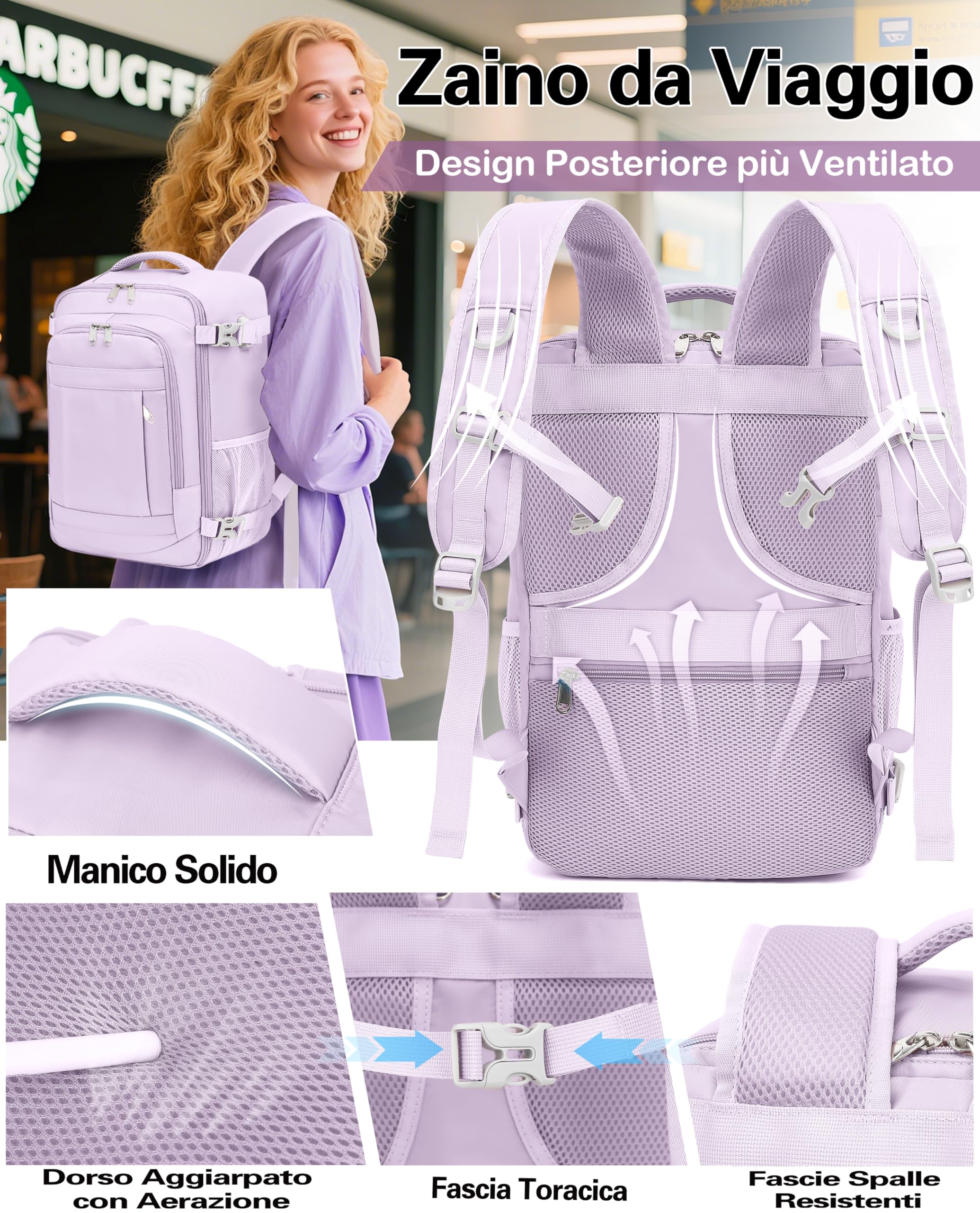 KLOSTAIN Zaino da Viaggio Easyjet 45x36x20 Zaino da Viaggio Aereo Bagaglio a Mano 30L Borsa da Cabina per Uomo e Donna da Lavoro e Scuola Trekking,14 Pollici Porta PC Viola Chiara