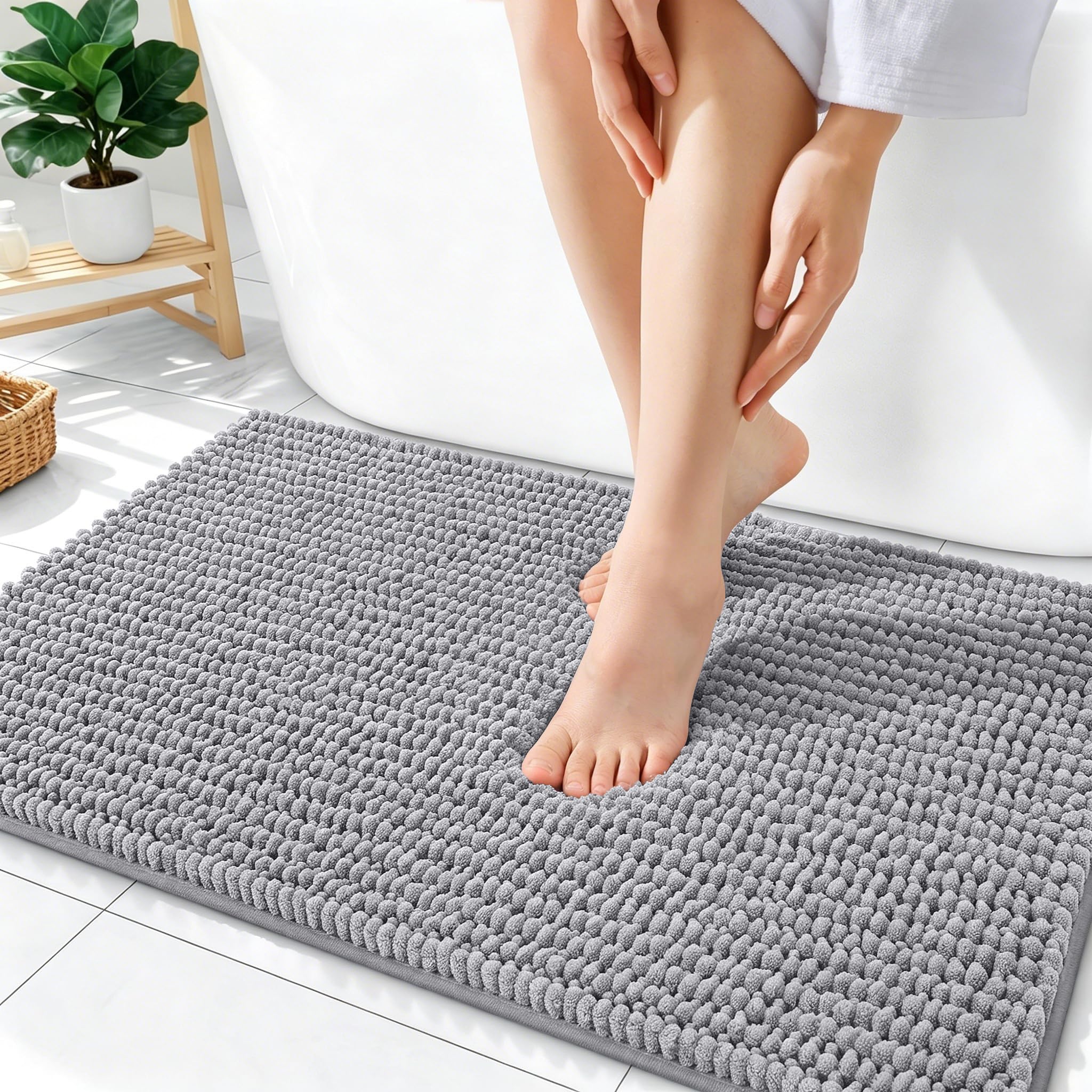 OLANLY Thick Chenille Bathroom Rug Grey