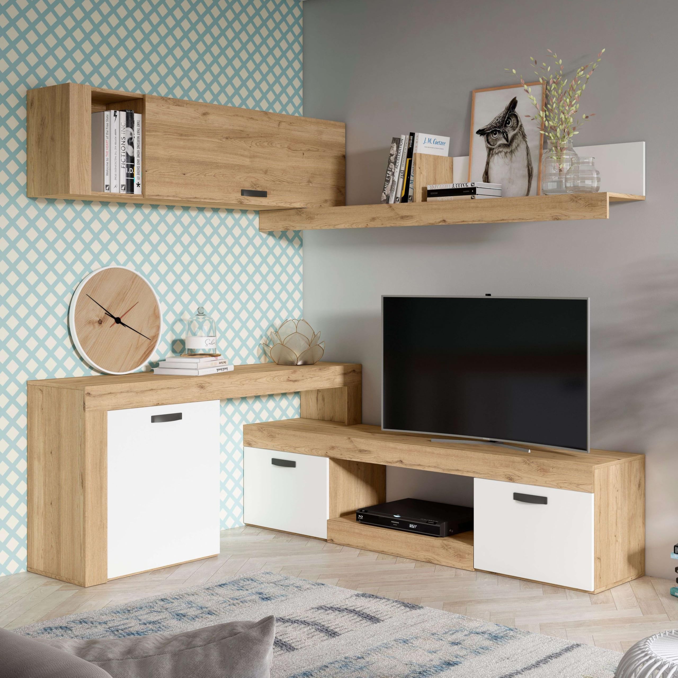 Mueble Salón Modular Rinconero Conjunto Completo Mueble TV Argos 4 Módulos Blanco Mate y Roble Naturale 293x200x40 cm