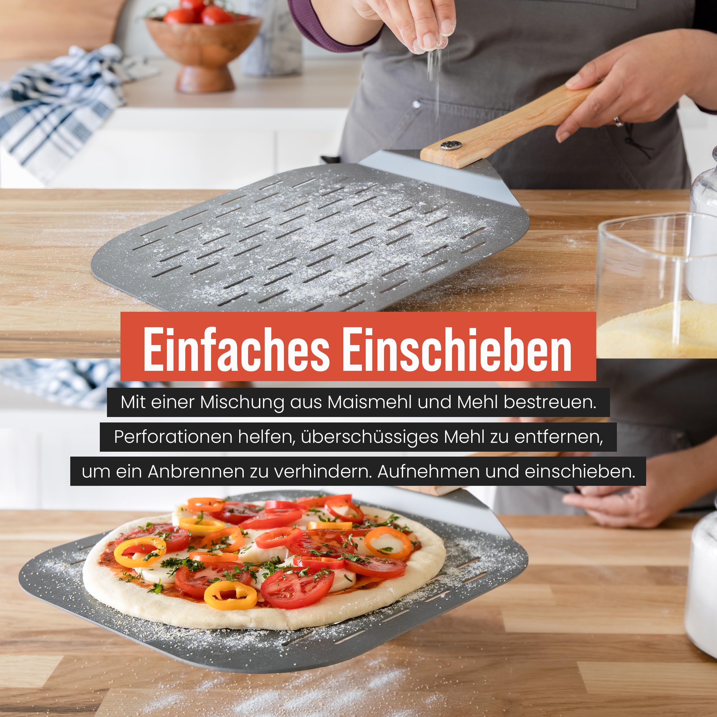 Chef Pomodoro - Pizzaschieber - 30,5 x 35,6 cm - Faltbarer Griff - Perforierte Aluminium Pizzaschaufel zum einfachen Einschieben des Pizzateigs - Perfekt als Backofenzubehör und für Hobby Pizzabäcker