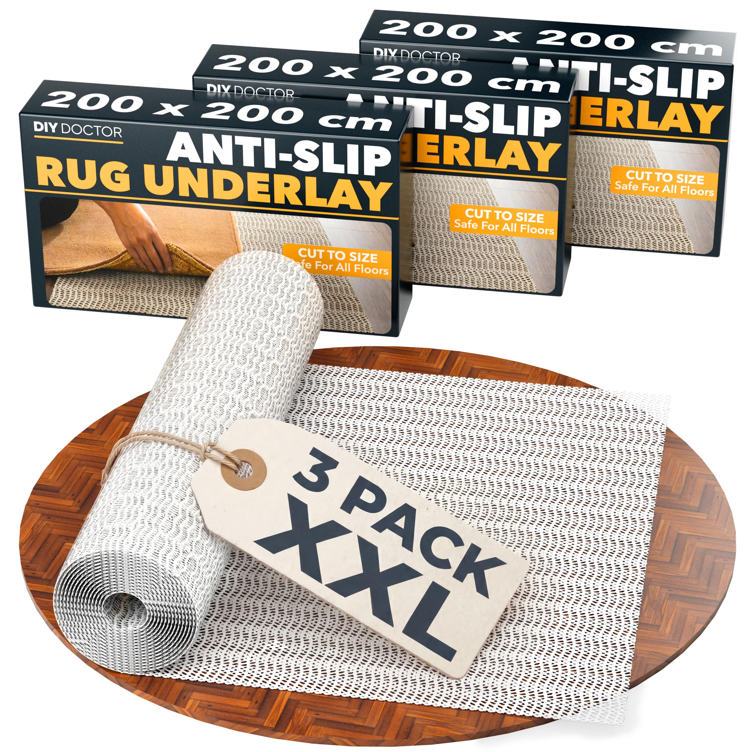 DIY Doctor XXL Rug Gripper (3 Pack) – 200x200cm Non-Slip Matting Roll – Anti Slip Rug Underlay for Hardwood, Tile & Laminate – Rug Grip Stopper & Non-Slip Mat for Floors