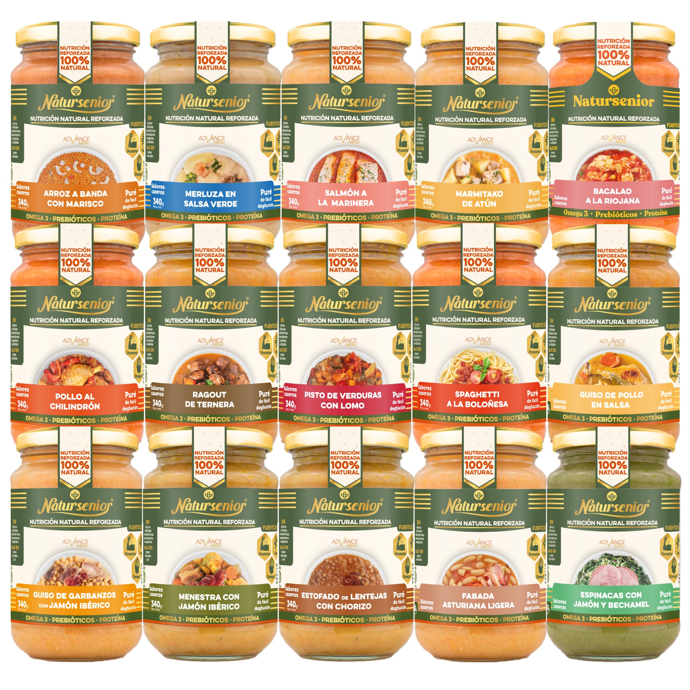 Natursenior - Pack PRIMERA COMPRA Purés x15 Uds - Puré para adultos y Personas con dificultad para tragar - Sabores Caseros - Alta Nutrición - 100% Natural,Omega 3, Fibra, Proteína - 15x 340g