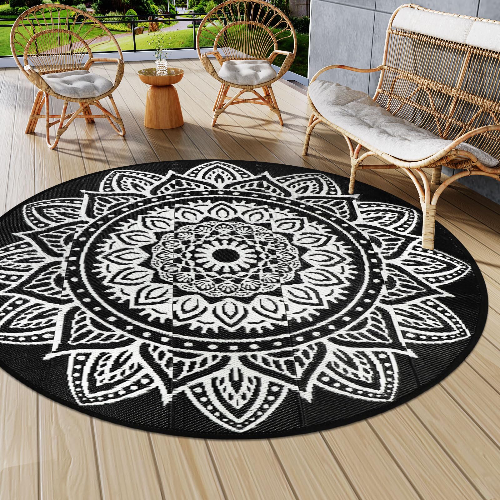 Famibay Outdoor Rug Round 180CM Garden Rugs Outdoor Waterproof Plastic Straw Garden Mat Carpet UV Resistant Reversible Outside Patio Rugs for Balcony Deck Backyard Porch Beach BBQ