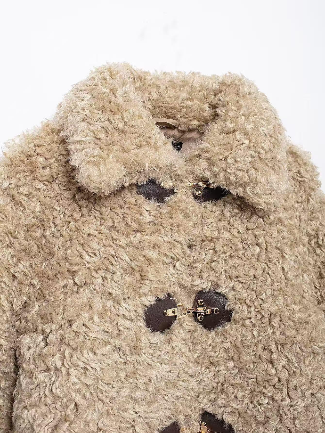 Women's Fall Fleece Jacket Collared Toggle Closure Long Sleeve Oversized Short Coat Fluffy Outerwear — view 6