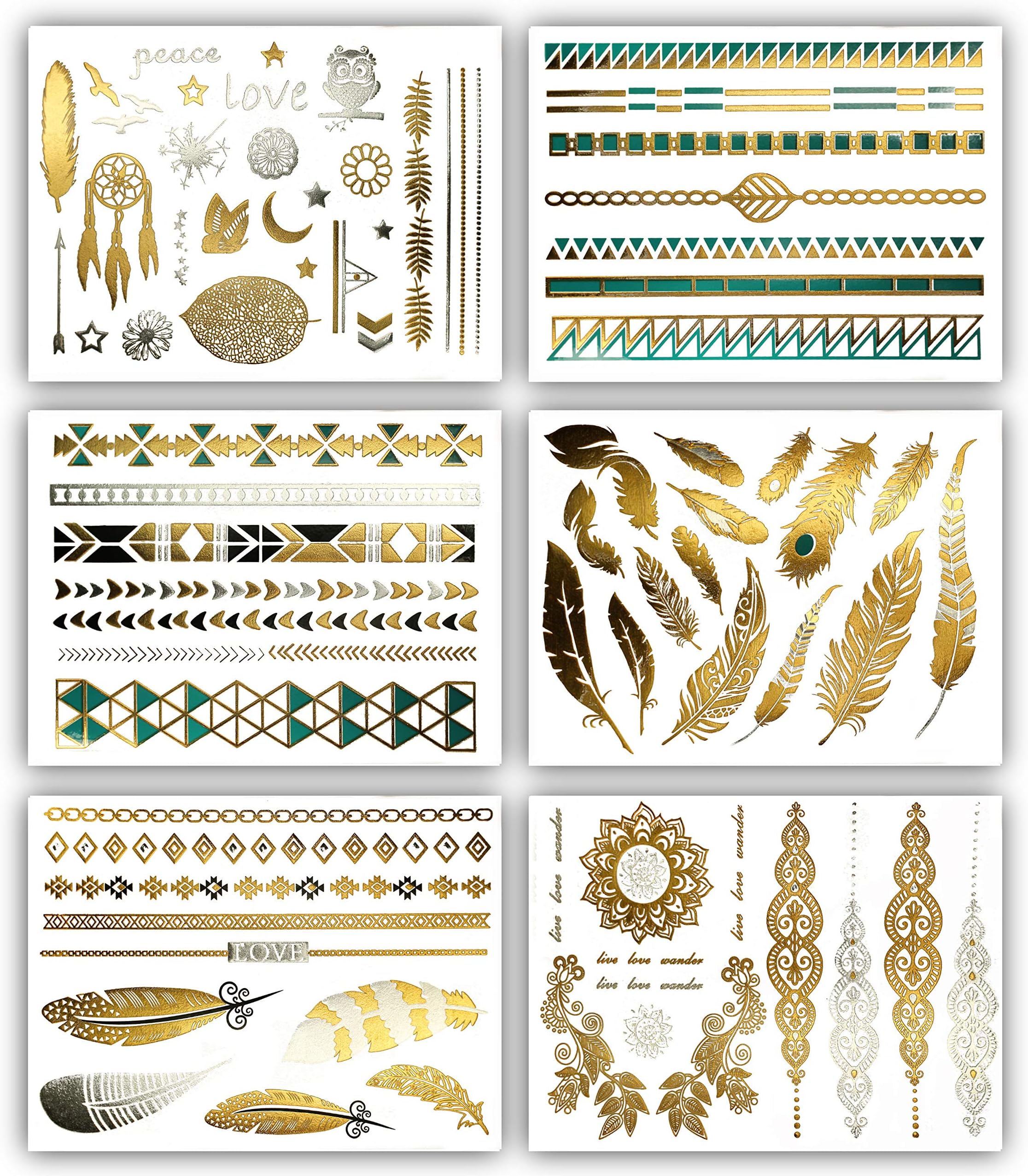 Temporary Tribal Boho Metallic Tattoos - Over 75 Designs in Turquoise Gold and Silver (6 Sheets) Terra Tattoos Chloe Collection