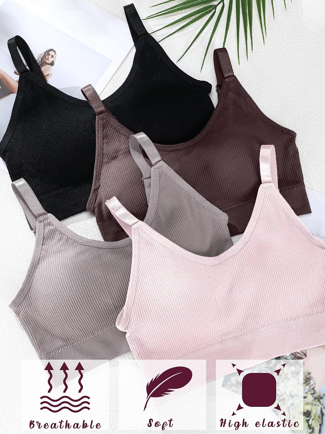 SATINIOR 4 Pack Women's Sports Bra, Padded Ribbed Cami Bra Seamless Bralette Wireless No Underwire Workout Tank Top