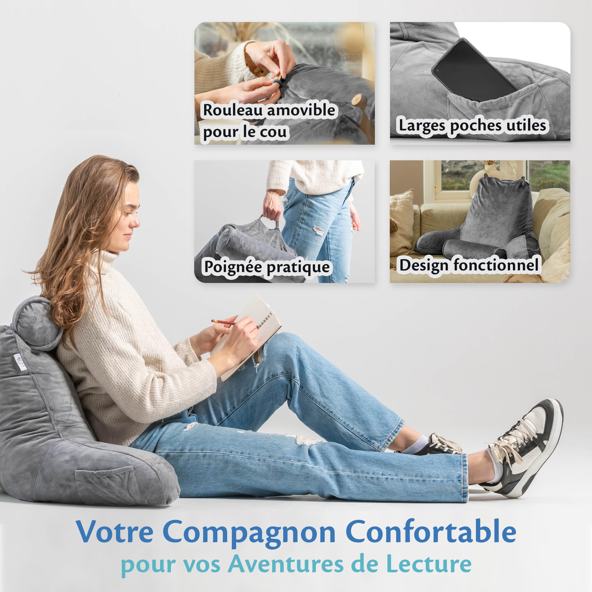 Ella Coussin de Lecture avec Rouleau de Cou - Oreiller de Lecture avec Accoudoirs, Soutien du Dos et du Cou pour la Lecture ou la Relaxation - Coussin de Dossier Fauteuil de Lecture - Velours (Gris)