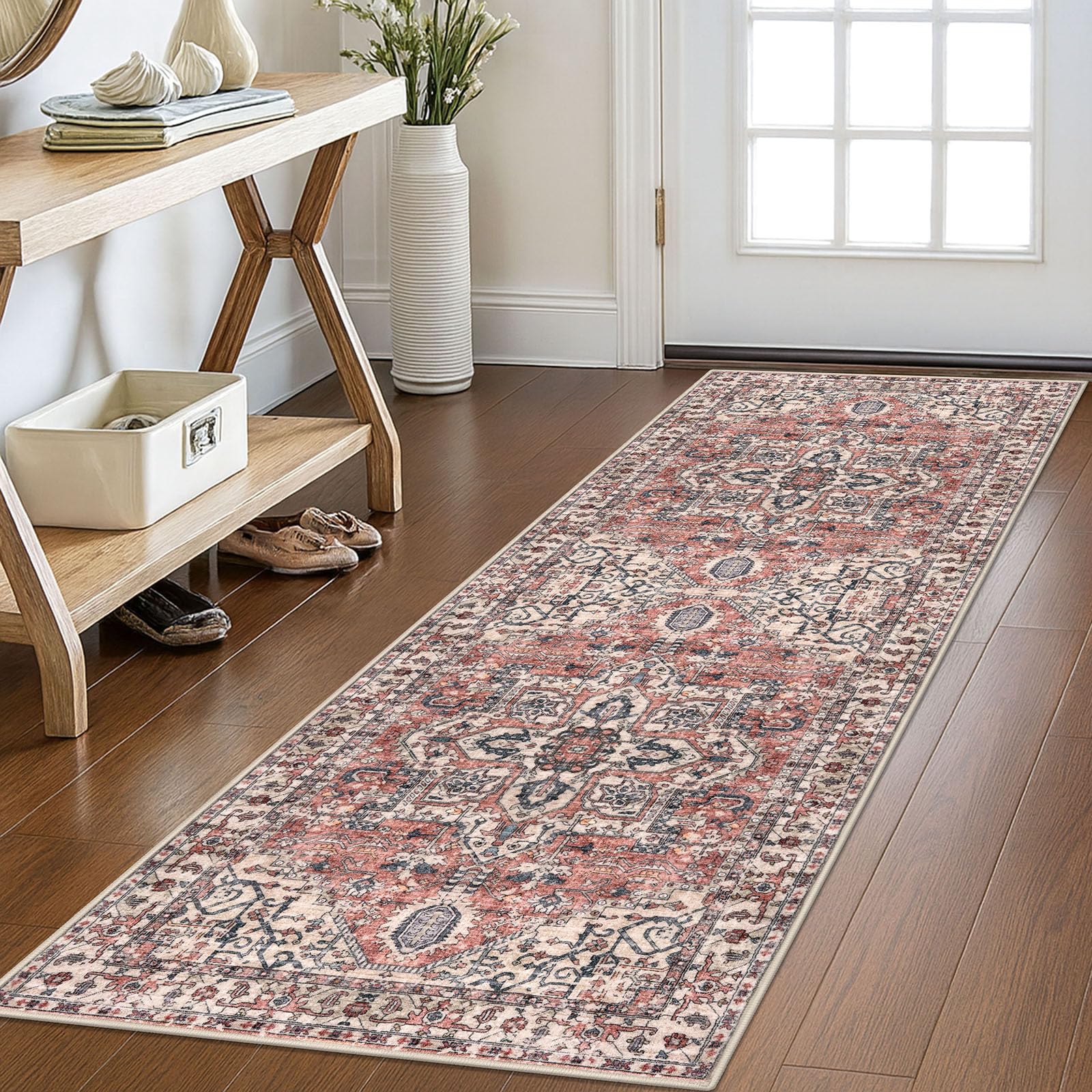 KOZYFLY Runners for Hallways 2x6 Ft Washable Kitchen Runner Rug Boho Runner Rug for Entryway Indoor Printed Oriental Faux Wool Floor Carpet Runner for Bedroom Kitchen Hall, Red Salmon/Pink/Navy — image 1