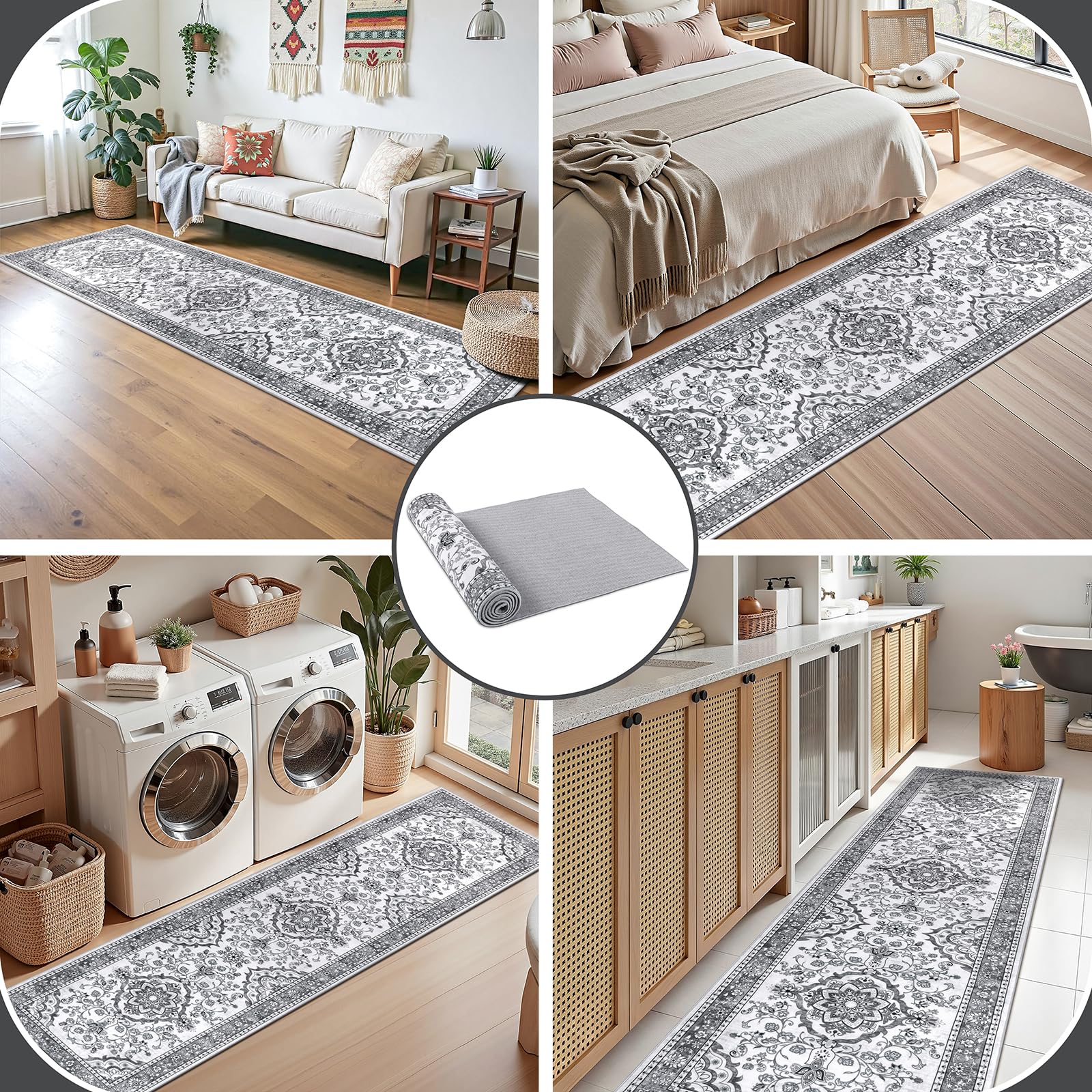 Enyhom Teppich Läufer Flur 80 x 300cm Hochwertig rutschfest Läufer Küche Traditioneller Langer Teppichläufer Waschbar Retro Weich Schlafzimmer Läufer für Büro Korridor, Grau