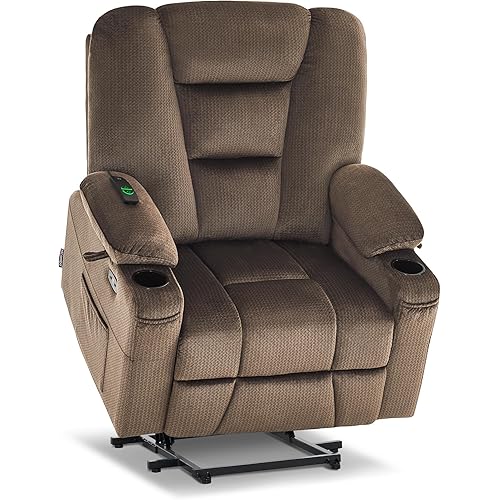 MCombo Oversized Power Lift Recliner Chair Sofa with Massage and Heat for Elderly People Petite, USB Ports, Side Pockets, Fabric R7561 (Brown, Small-Oversize)