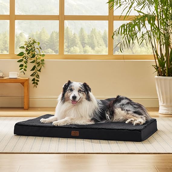 Bedsure Orthopedic Dog Bed with Washable Cover for Large, 104x74cm Black | Egg Crate Foam Comfort Support Plush Pet Mat, Non-Slip Bottom, Removable Cover, Gifts For Dog, For Large Breed Dogs