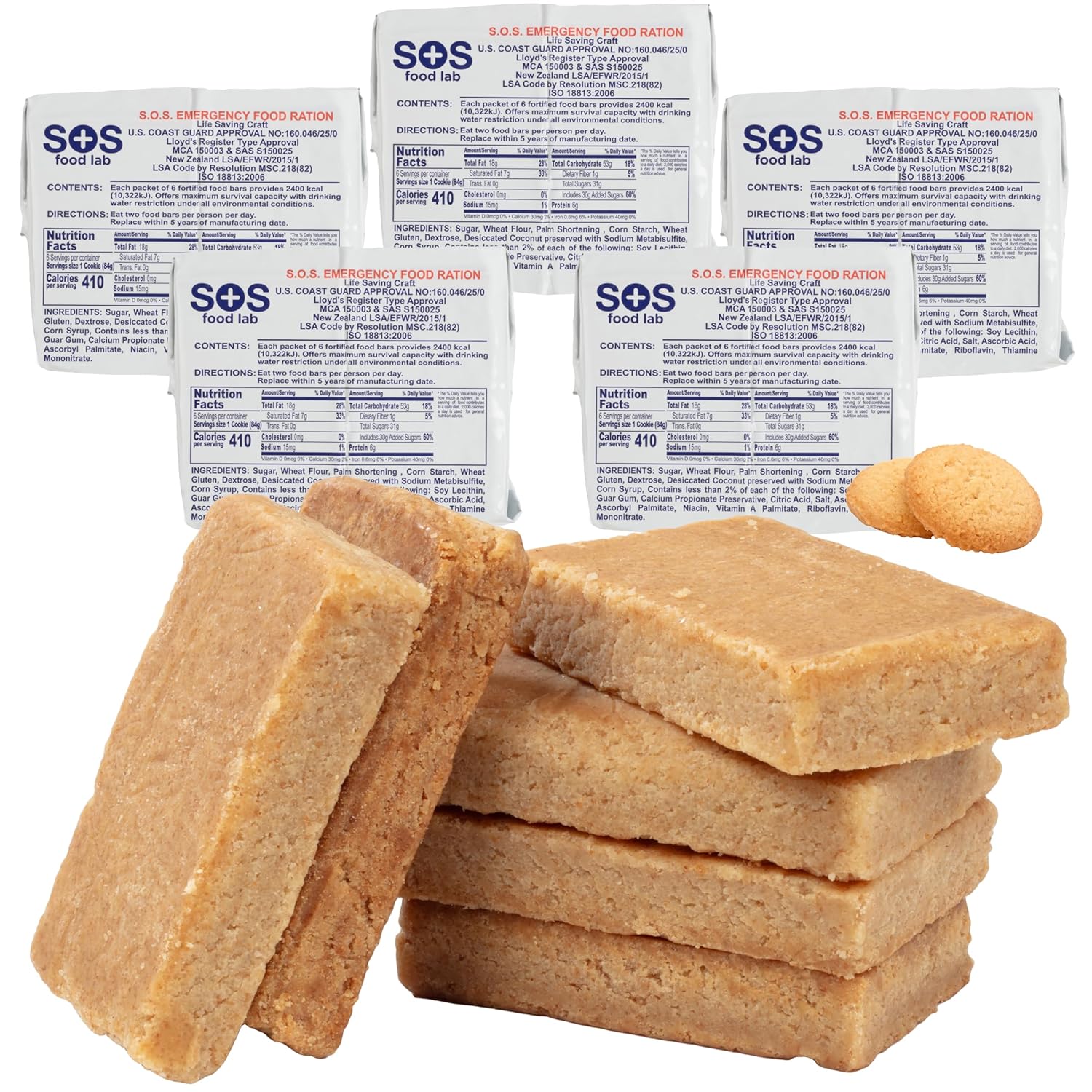 SOS Food Lab Emergency Food Bar - 2400 Calorie Ration (5 Pack Shortbread Cookie) - 2 Day/48 Hour Ready to Eat Supply for Camping, Hiking, Disaster Preparedness - 5 Year Shelf Life Energy Survival Food