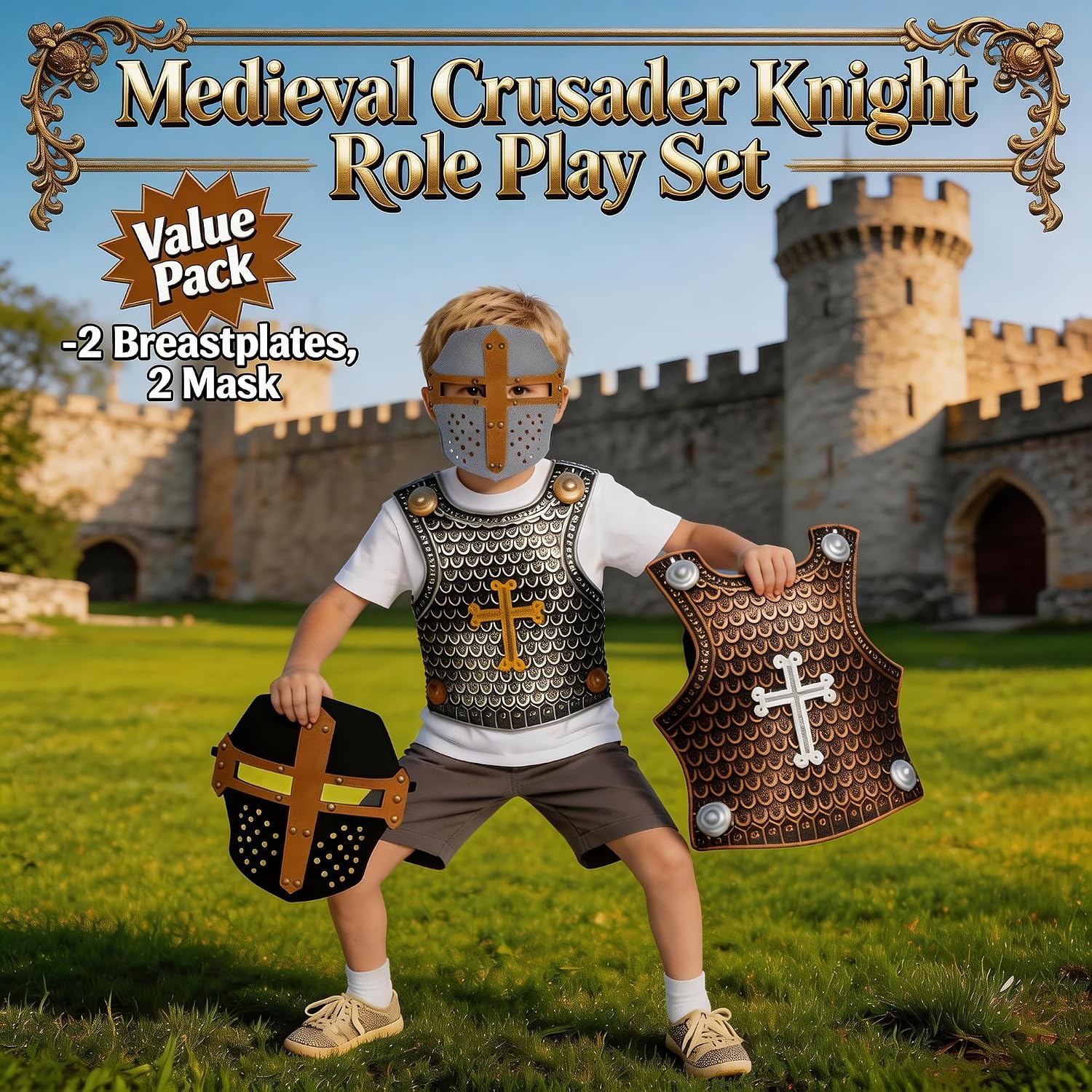 Medieval Crusader Knight Role Play Set Including Breastplate, Mask Costume Accessories for Cosplay