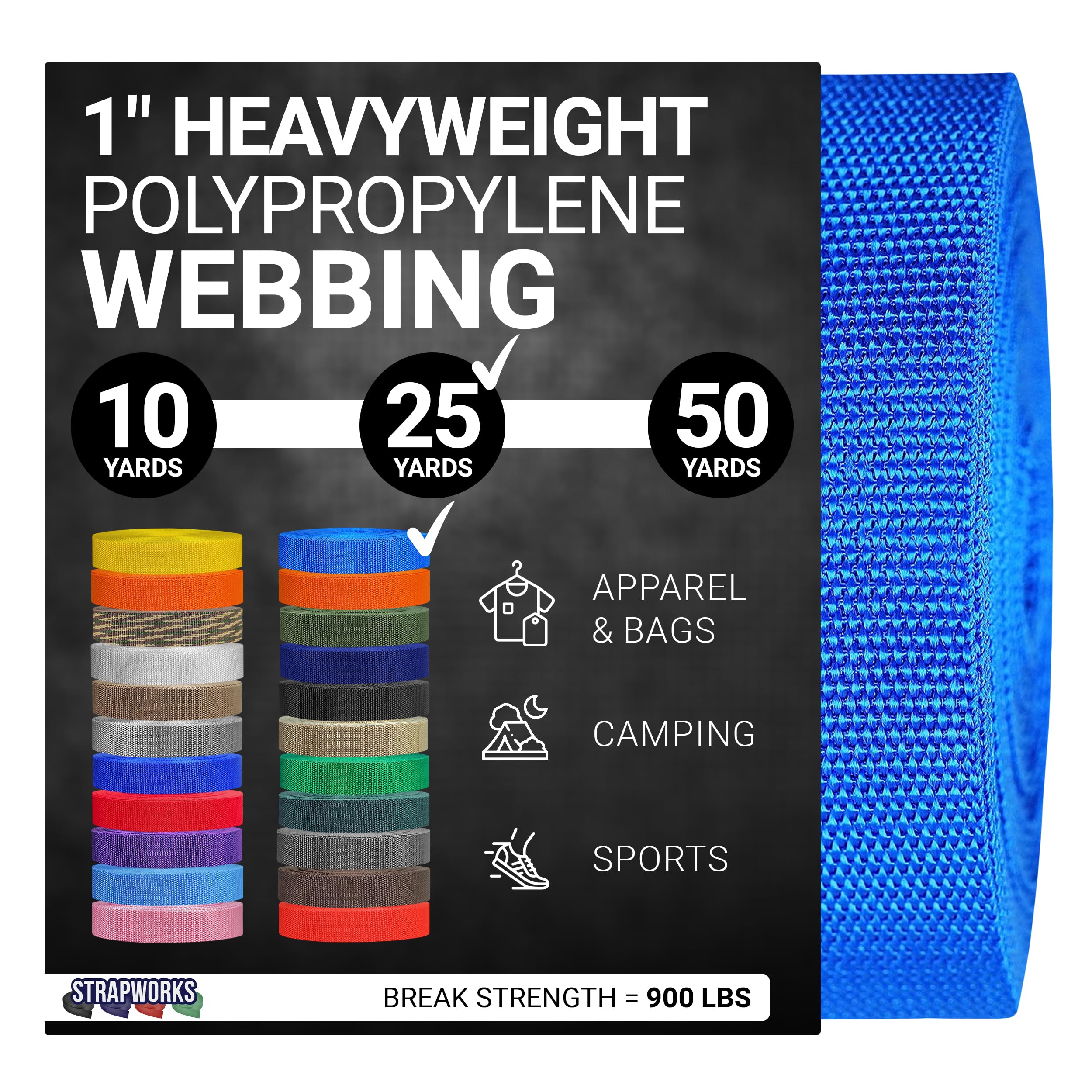 Strapworks Heavyweight Polypropylene Webbing - Heavy Duty Poly Strapping for Outdoor DIY Gear Repair 1 Inch x 25 Yards - Pacific Blue