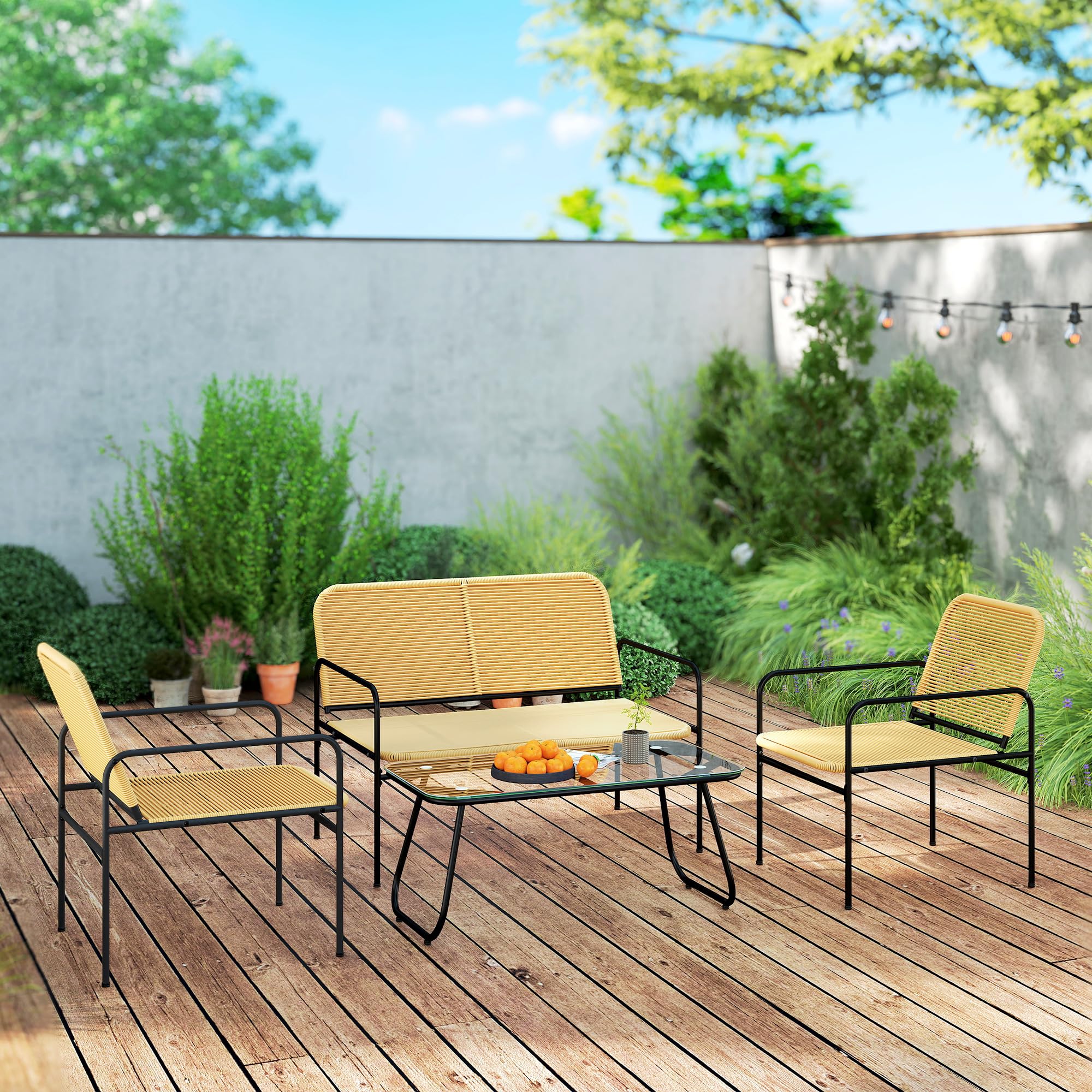 Outsunny Conjunto Jardín Exterior de Ratán, Muebles Jardín Exterior Resistentes a la Intemperie, Conjunto Terraza con Sofá de 2 Plazas, 2 Sillones, Mesa con Tablero de Vidrio Templado, Natural