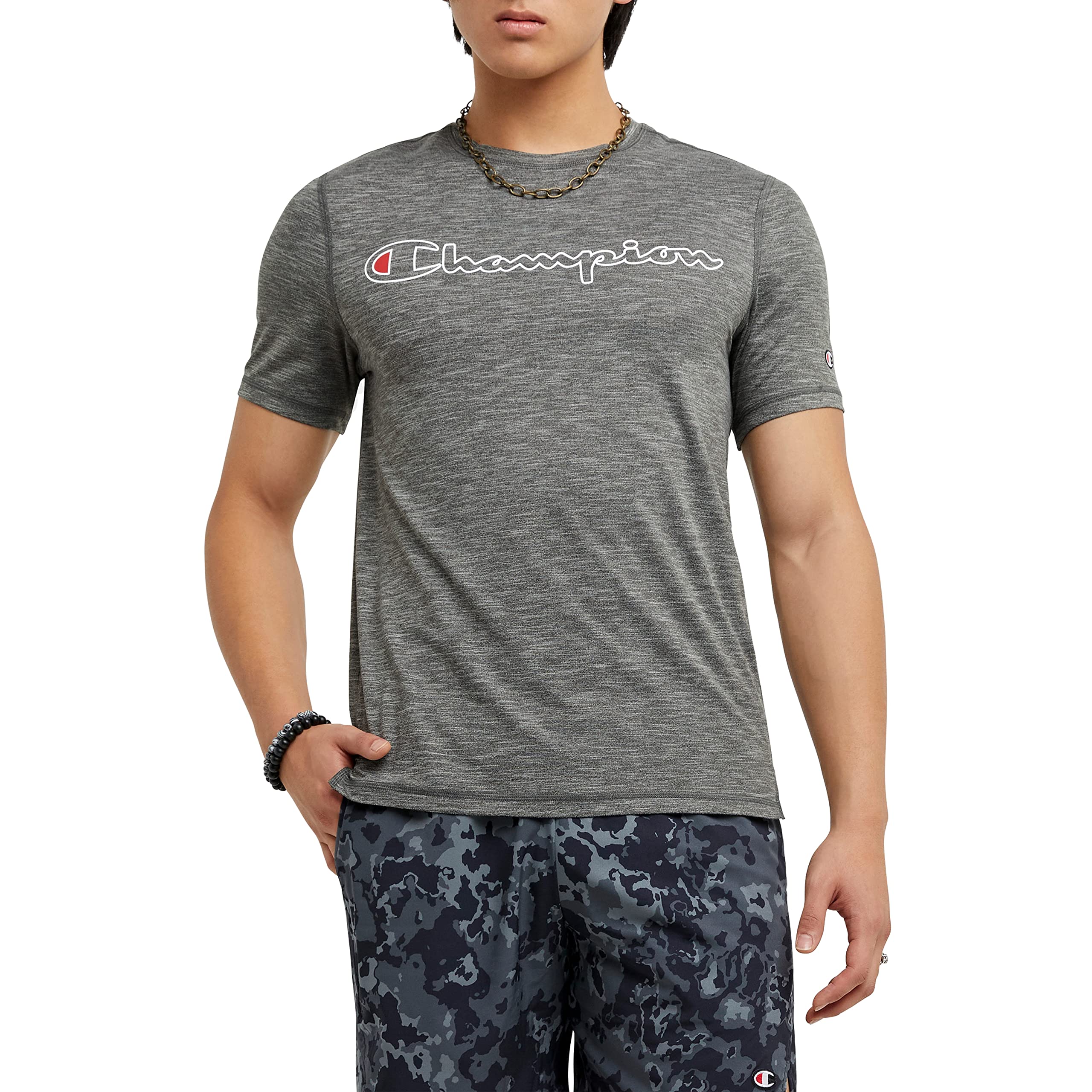 Champion Herren, MVP, Moisture Wicking, Anti Odor, Lightweight for Men T-Shirt, Railroad Grey Heather Outline Script, Mittel