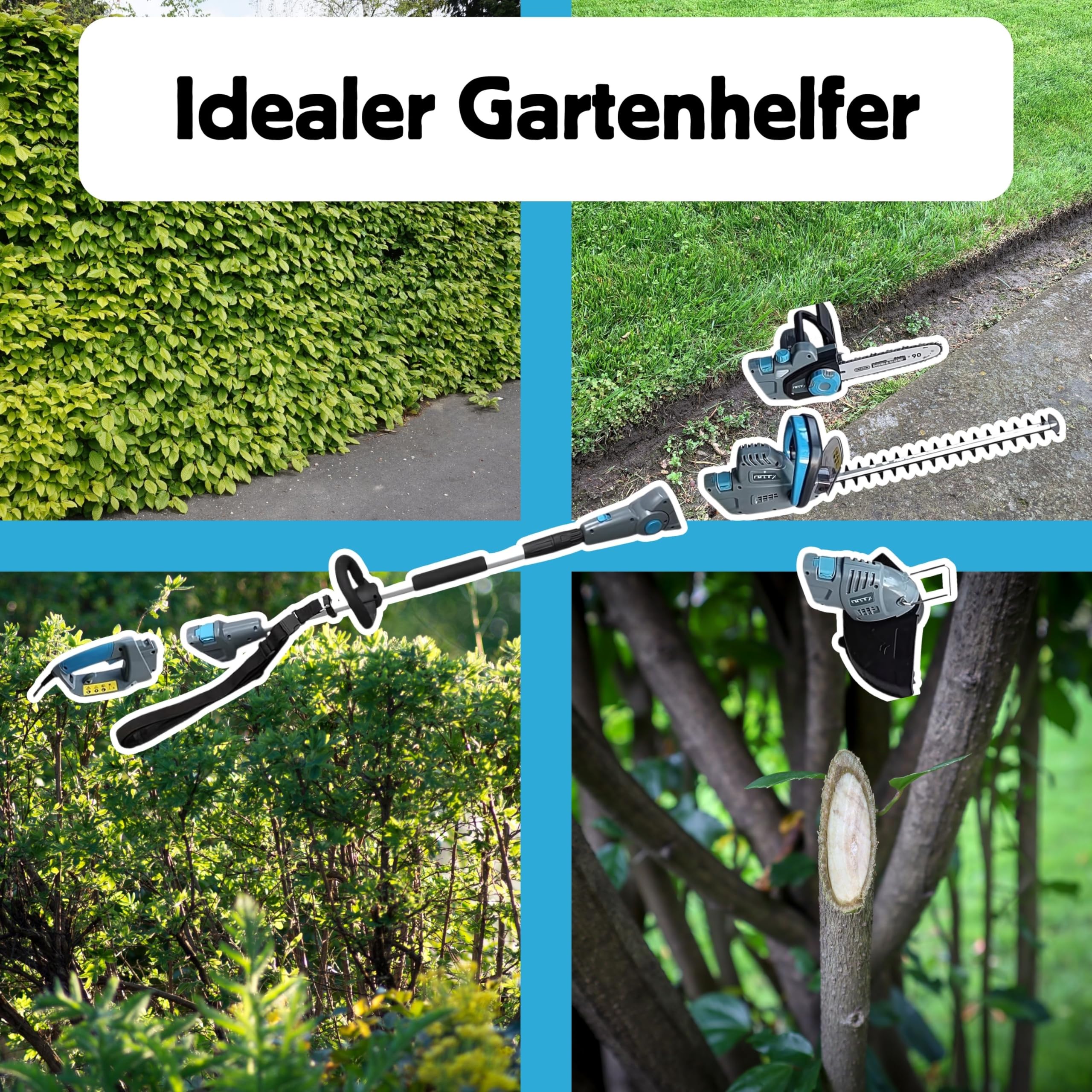 IMLEX Multi-Kombi-Garten-Set 5in1 Heckenschere Rasentrimmer Kettensäge mit Teleskopstab und Verstellbarer Schnittwinkel