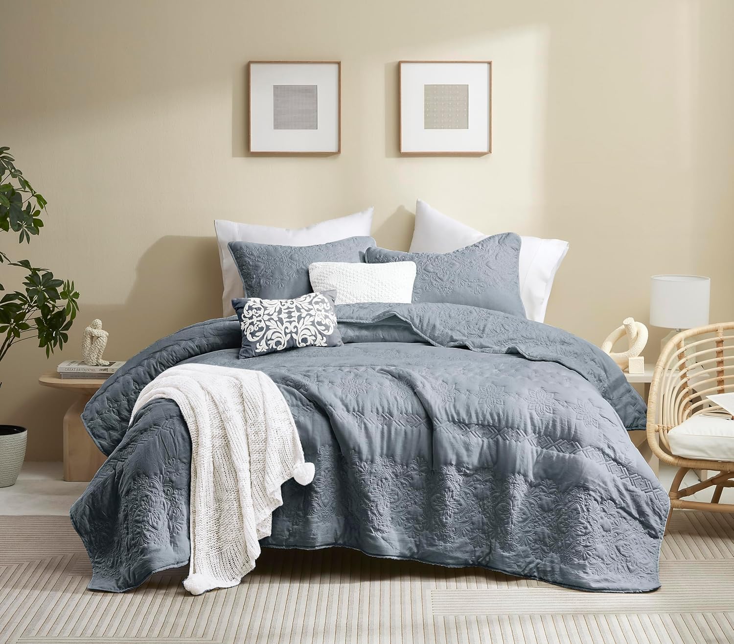 Boho Blue Quilt California Cal King Size Bedding Sets with Pillow Sham, Oversized Lightweight Soft Bedspread Coverlet, Quilted Blanket Thin Comforter Bed Cover for All Season, 3 Pieces, 118x106 inches Blue Grey-boho California King