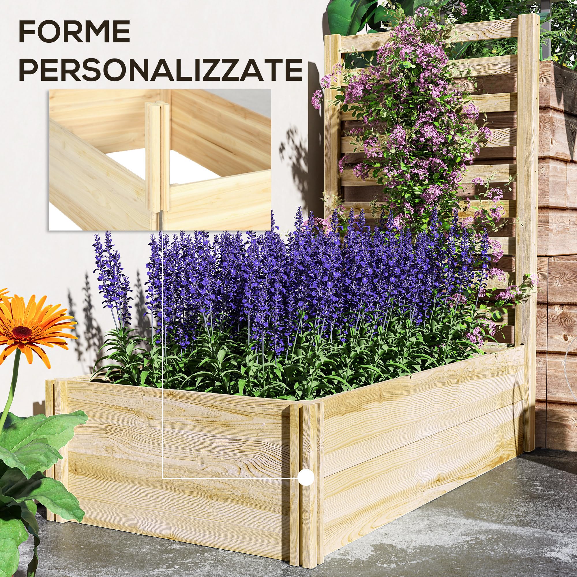Outsunny Letto per Orto Rialzato da Esterno con Spalliera e Fondo Aperto, Fioriera con Traliccio per Piante Rampicanti in Legno di Abete, per Piante, Fiori, 115x60x110 cm, Color Legno