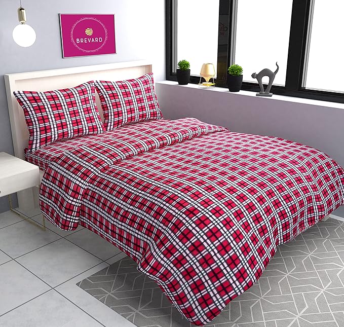 BREVARD Woolen Heavy Warm Checkered Fleece Double Bedsheet with Two Pillow Covers with Zipper for Winters (90 - 100 Inches, Red)