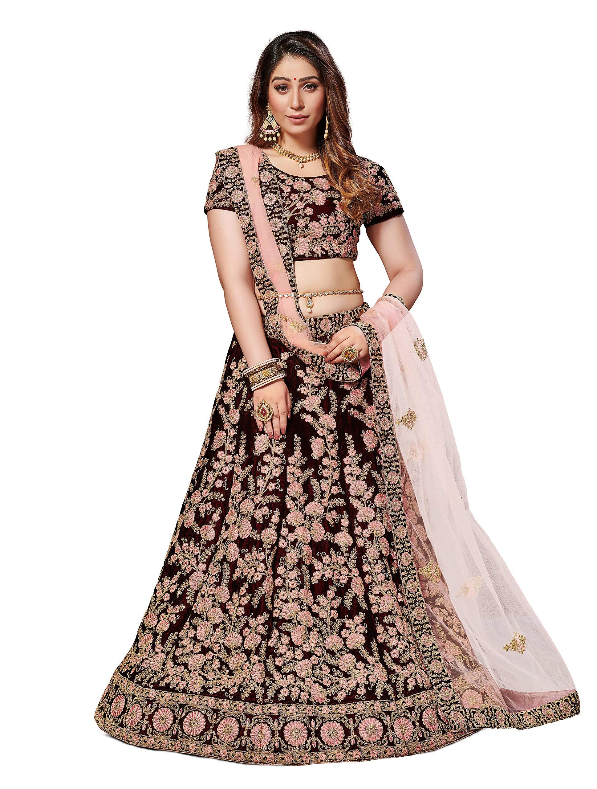 zeel clothing Women's Velvet Dori and Sequins Embroidered Bridal Semi Stitched Lehenga Choli with Dupatta (7063-Maroon-New-Bridal-Wedding Maroon,Free Size)-picture-15