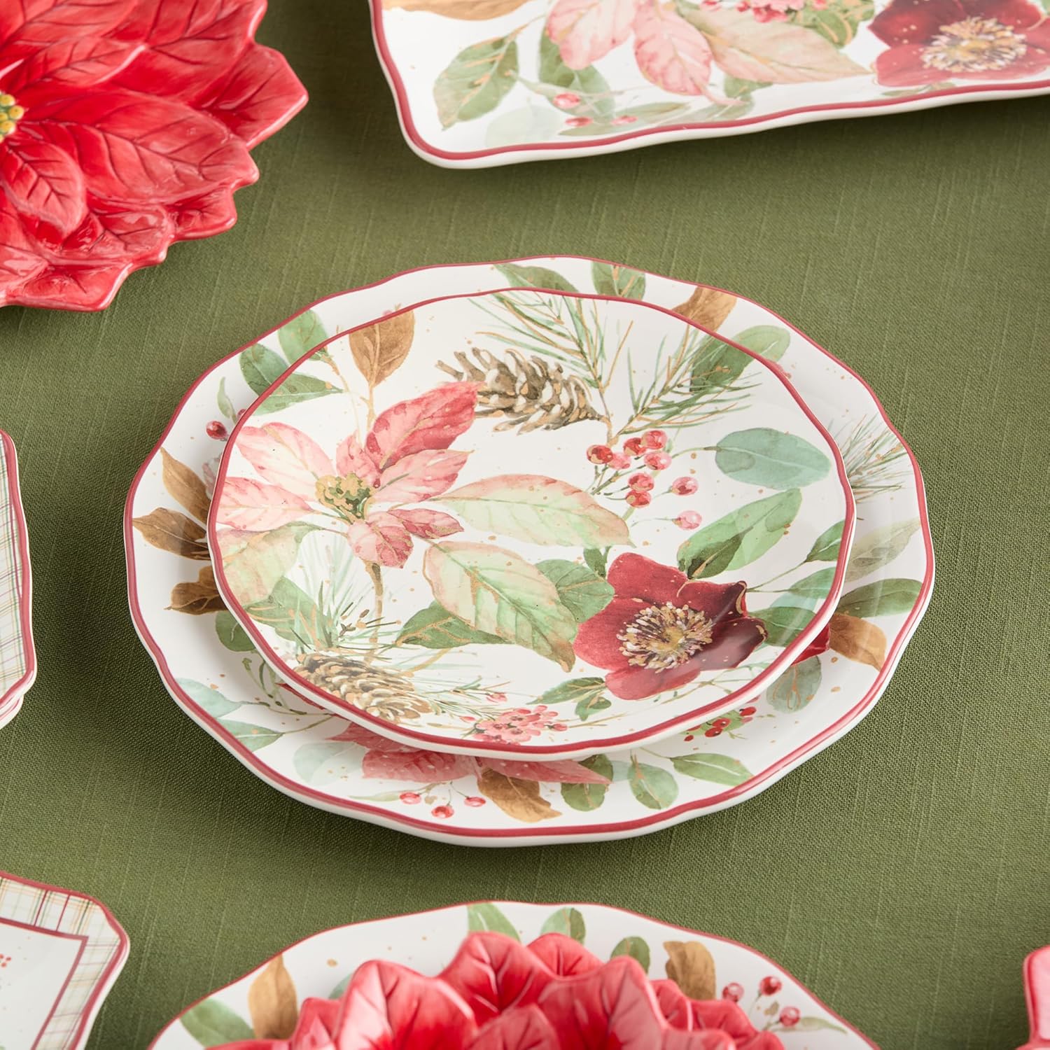 Winter Blooms Set of 4 Holiday Dessert Plates – 9" Festive Floral Plates with Poinsettias & Evergreens – Microwave & Dishwasher Safe Seasonal Tableware for Treats & Appetizers
