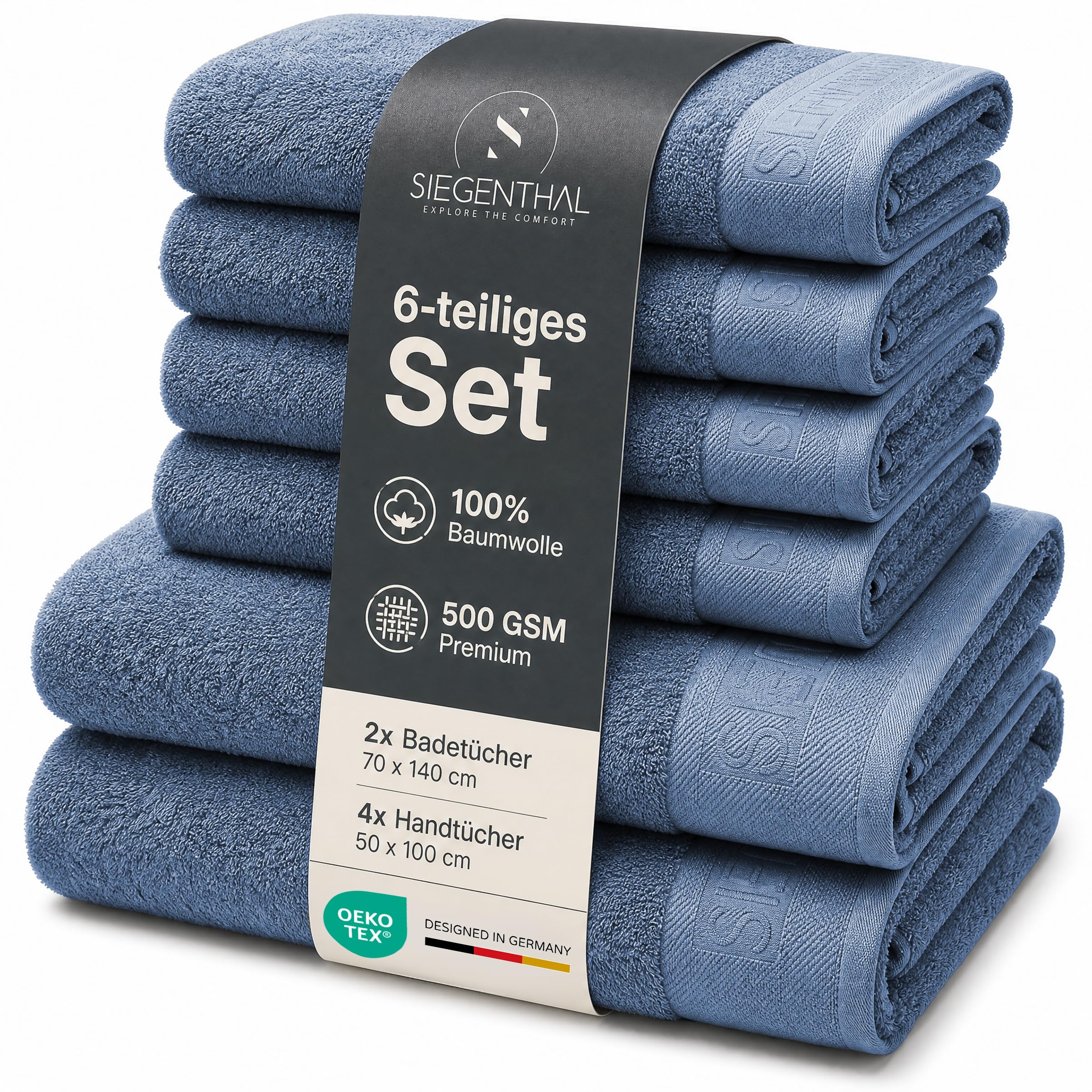 Set di 6 asciugamani in 100% cotone, 2 teli da bagno 70 x 140 cm e 4 asciugamani 50 x 100 cm, per bagno e WC degli ospiti, morbidi, assorbenti, ad asciugatura rapida, blu