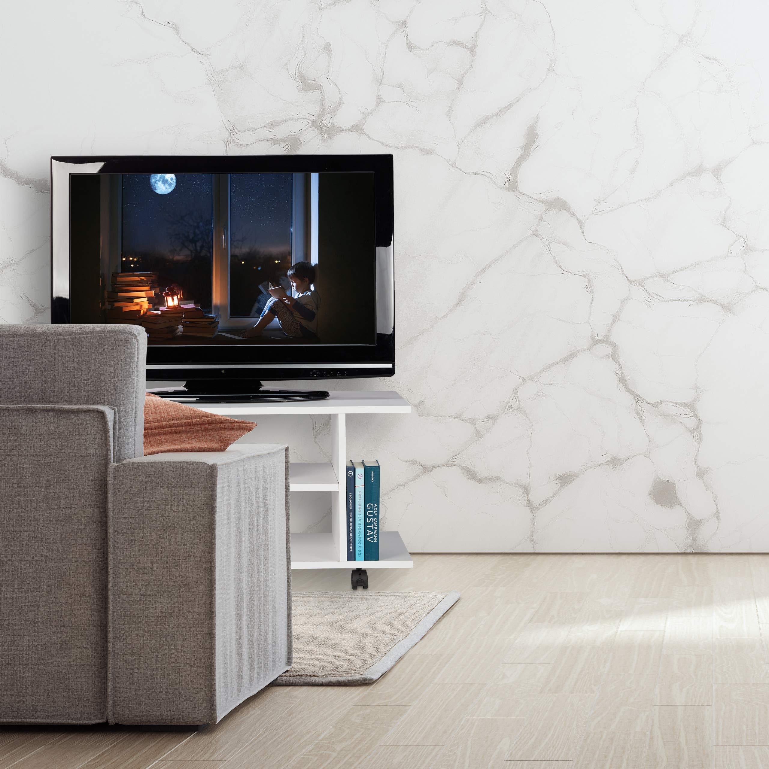 Relaxdays Mobiletto Porta TV con Ruote, 4 Ripiani Aperti, per Apparecchi Elettronici, CDs, DVDs, HLP 40x80x40, Bianco