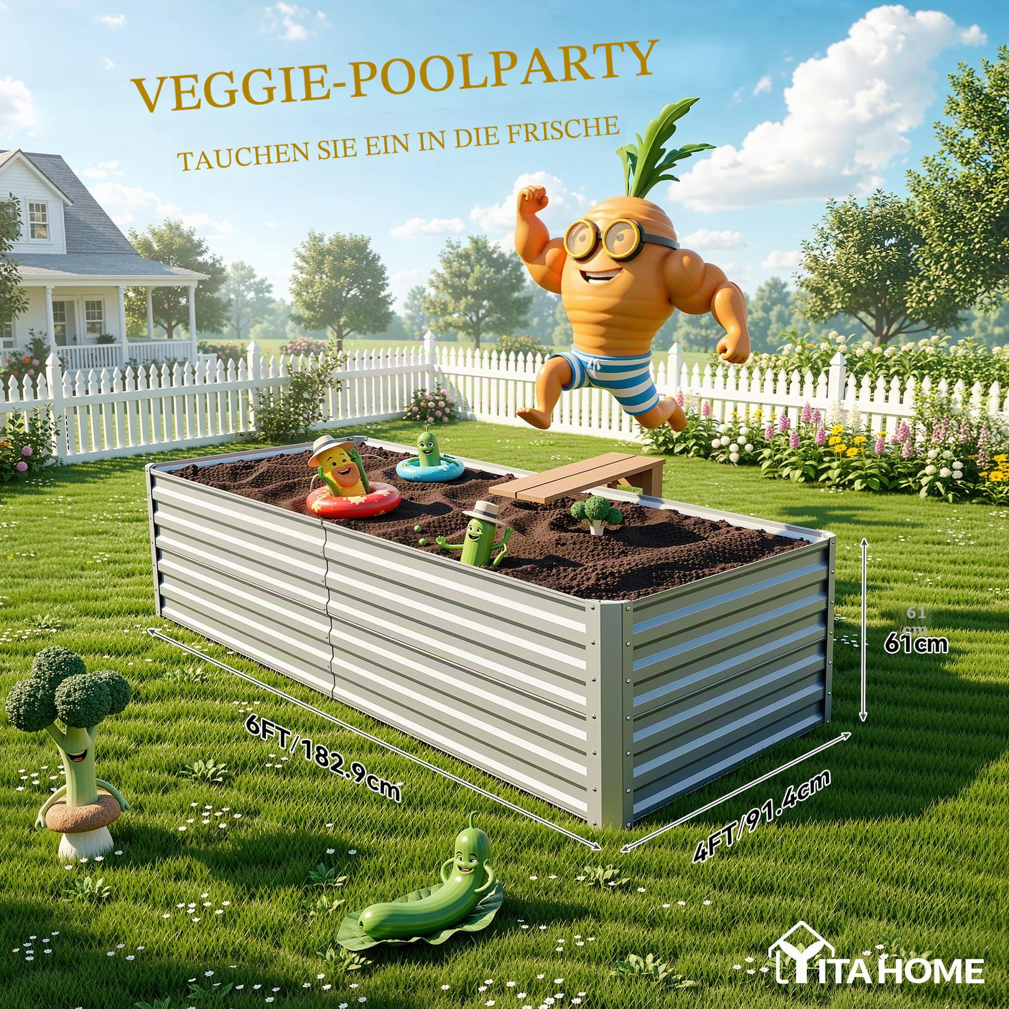 YITAHOME Hochbeete für Garten,870L Hochbeet aus Metall mit 0,35mm verzinkter Stahl, Pflanzkasten mit Sicherheitsrand und 4 Stützstangen für Gartenobst und gemüse (2X Silber,180 x 90 x 54CM)