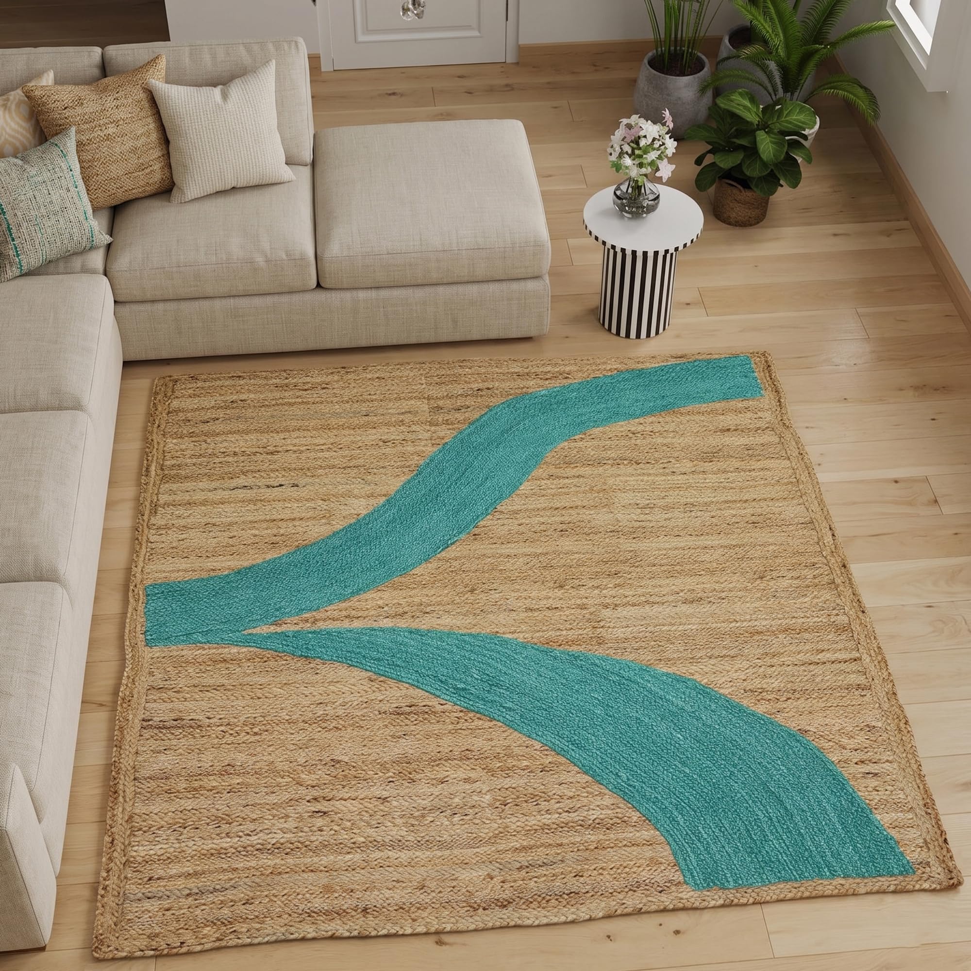 Tapis en jute pour chambre enfant motif abstrait bleu ciel